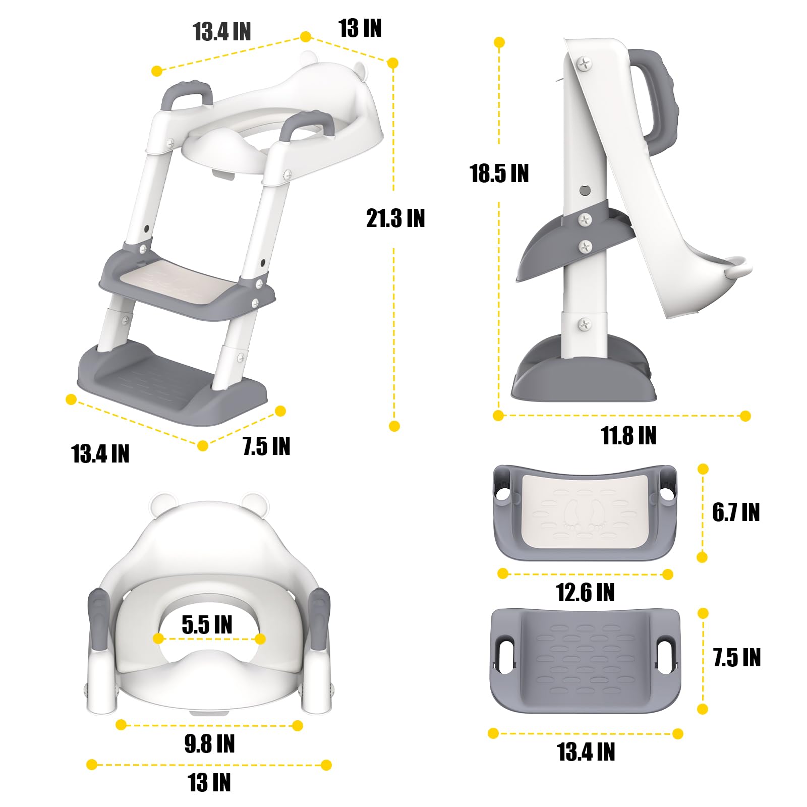Potty Training Seat with Step Stool Ladder for Toddlers, Adjustable Kids Toilet Seat with Splash Guard, Anti-Slip Pads & Safety Handles, Comfortable Potty Chair for Boys & Girls (Grey)