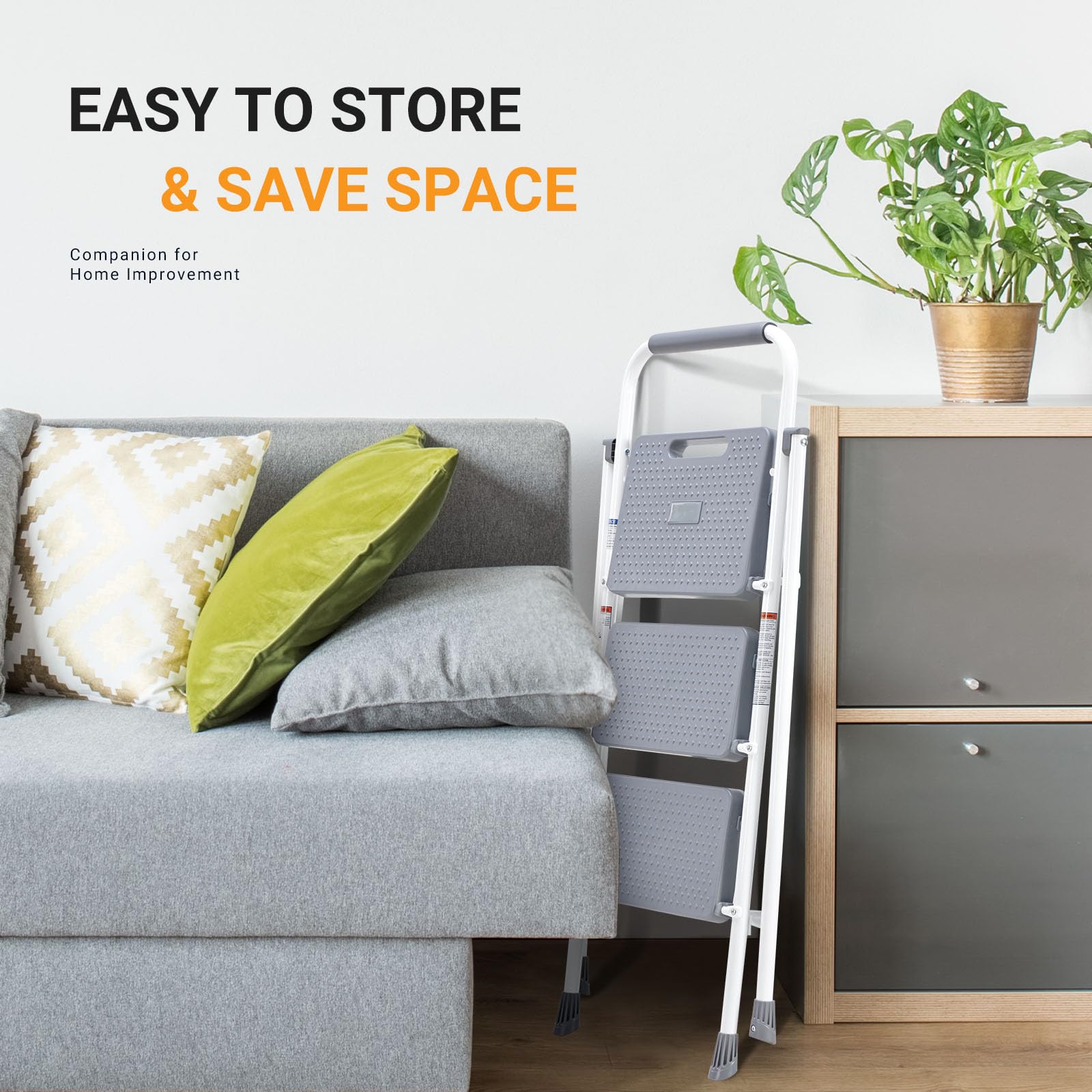 3 Step Ladder, Collapsible Step Stool with Safety Lock, Anti-Slip Rubber Feet, Lightweight Portable Ladder for Home Office Garage, Grey & White