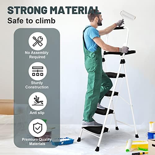 4 Step Ladder, Folding Step Stool with Tool Platform, Sturdy& Portable Steel Ladder for Adults, 330LBS Capacity Ladder for Home Kitchen Pantry Office