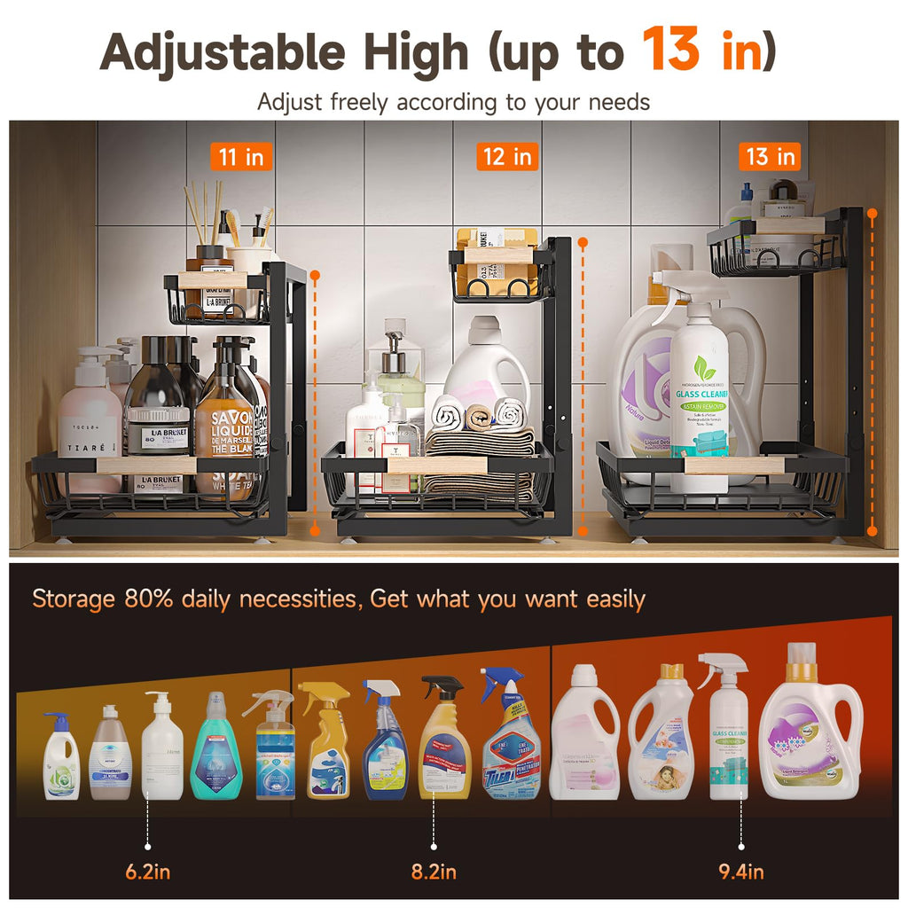 2 Packs Under Sink Organizer, Height Adjustable 2 Tier Under Kitchen Sink Organizer, Multi-Purpose Storage Shelf for Kitchen Bathroom Cabinet (Black)