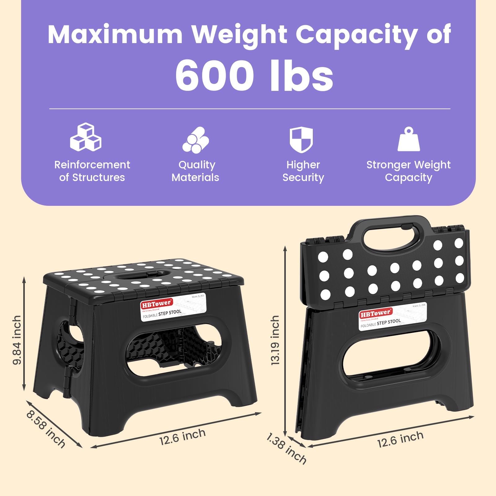 Folding Step Stool 9 Inch - Holds 600 lb, Non-Slip Surface & Carry Handle - Sturdy Step Stool for Kids, Toddlers & Adults - Compact Foldable Foot Stool for Kitchen, Bathroom, Bedroom, Outdoor