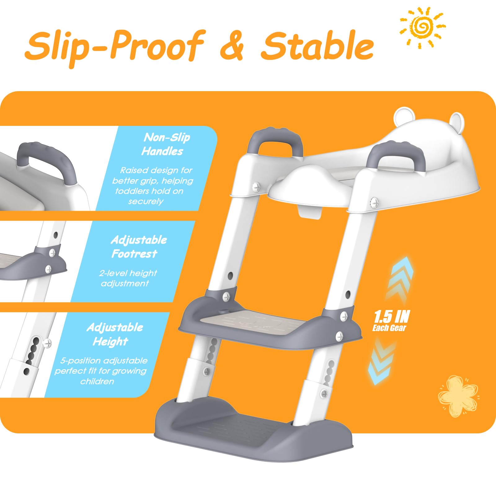 Potty Training Seat with Step Stool Ladder for Toddlers, Adjustable Kids Toilet Seat with Splash Guard, Anti-Slip Pads & Safety Handles, Comfortable Potty Chair for Boys & Girls (Grey)