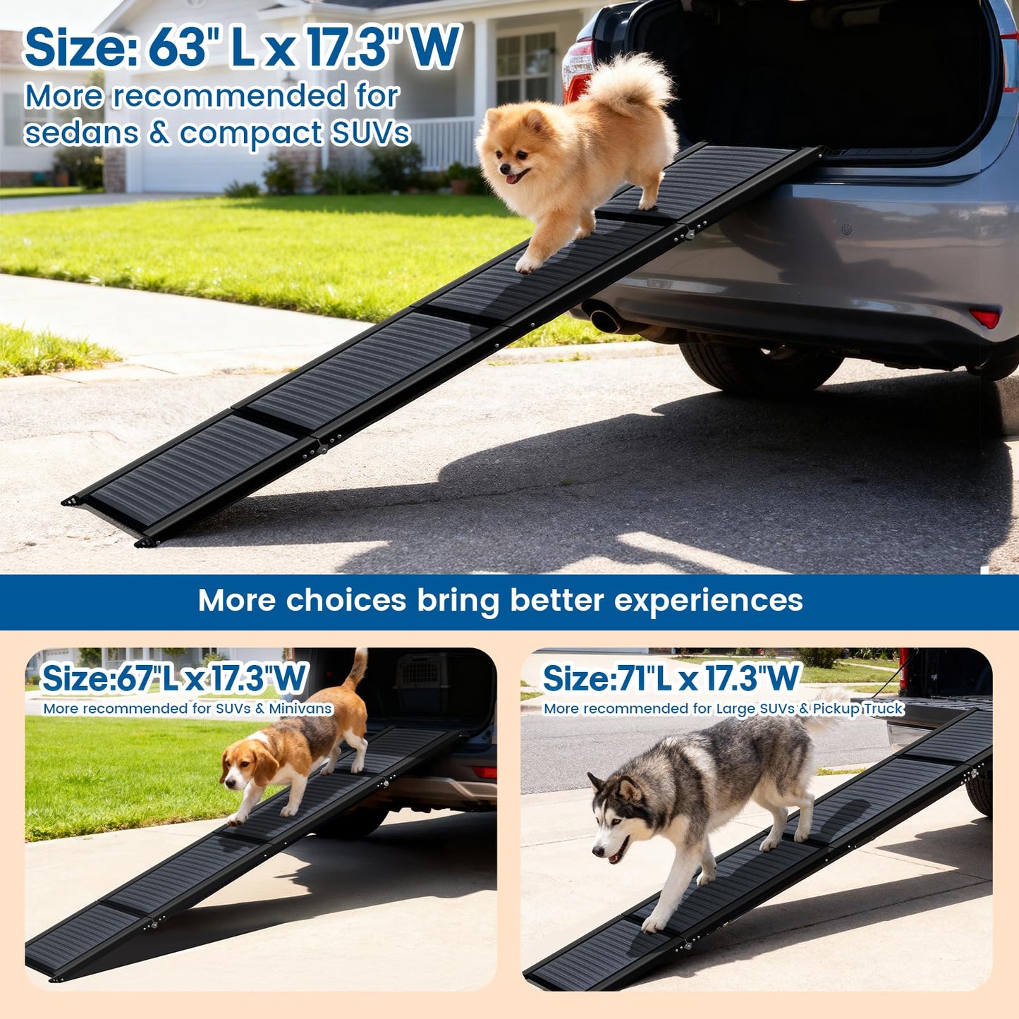 63" Long & 17.3" Wide Folding Dog Ramp for Car, SUV & Truck – Portable Pet Ramp with Non-Slip Surface, Extra Wide Steps for Large Dogs Up to 250LBS