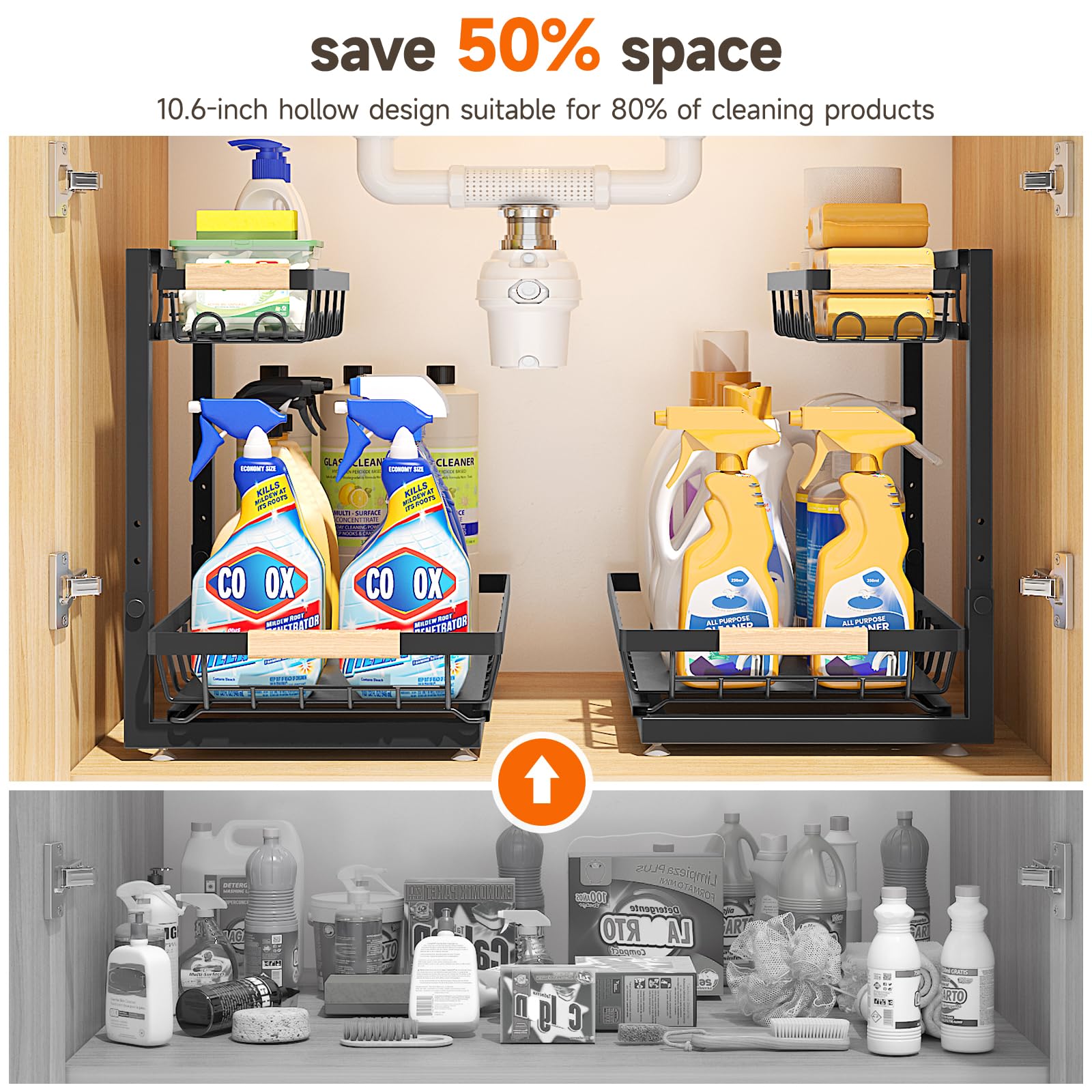 2 Packs Under Sink Organizer, Height Adjustable 2 Tier Under Kitchen Sink Organizer, Multi-Purpose Storage Shelf for Kitchen Bathroom Cabinet (Black)