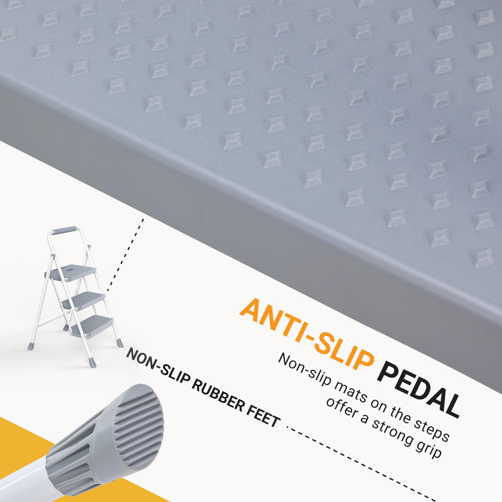 3 Step Ladder, Collapsible Step Stool with Safety Lock, Anti-Slip Rubber Feet, Lightweight Portable Ladder for Home Office Garage, Grey White