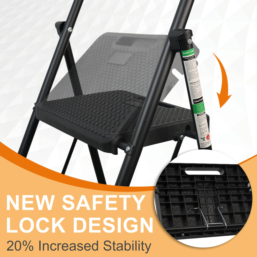 3 Step Ladder, Folding Step Stool with Wide Anti-Slip Pedals, 500lbs Sturdy Steel Ladder with Handrail, Space-Saving, Portable for Home & Adults, Black
