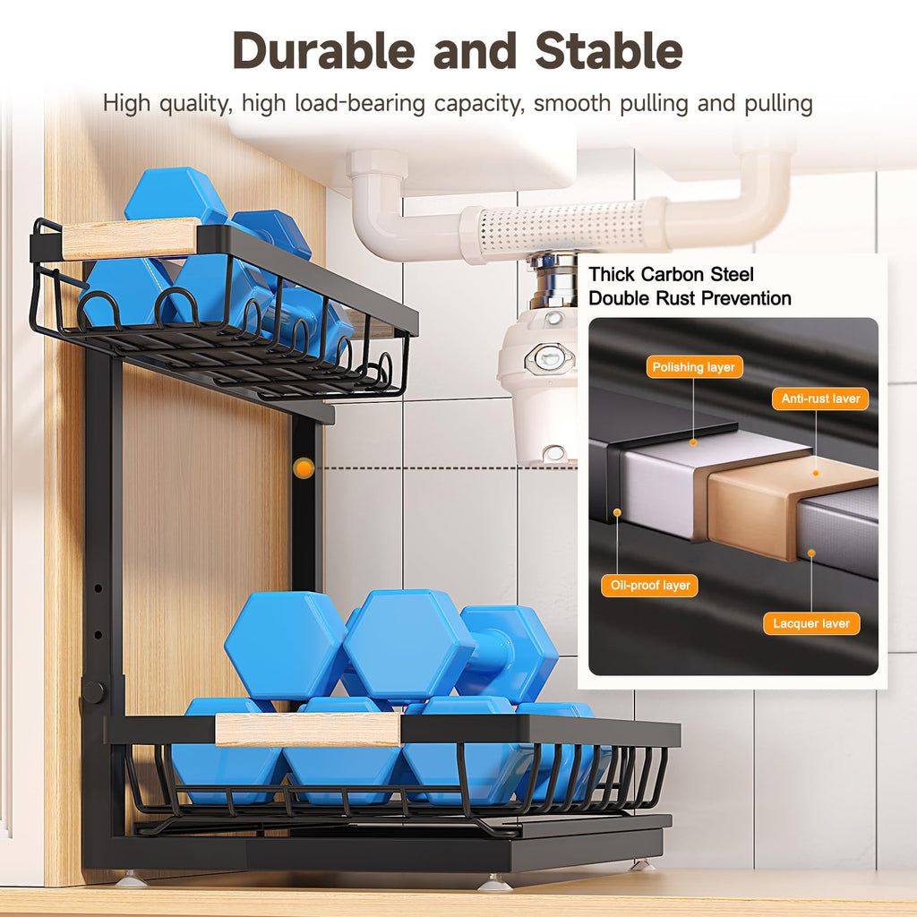 2 Packs Under Sink Organizer, Height Adjustable 2 Tier Under Kitchen Sink Organizer, Multi-Purpose Storage Shelf for Kitchen Bathroom Cabinet (Black)