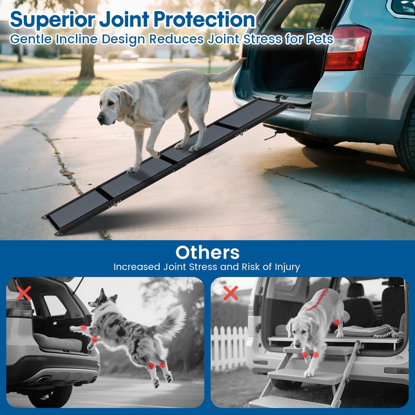 63" Long & 17.3" Wide Folding Dog Ramp for Car, SUV & Truck – Portable Pet Ramp with Non-Slip Surface, Extra Wide Steps for Large Dogs Up to 250LBS