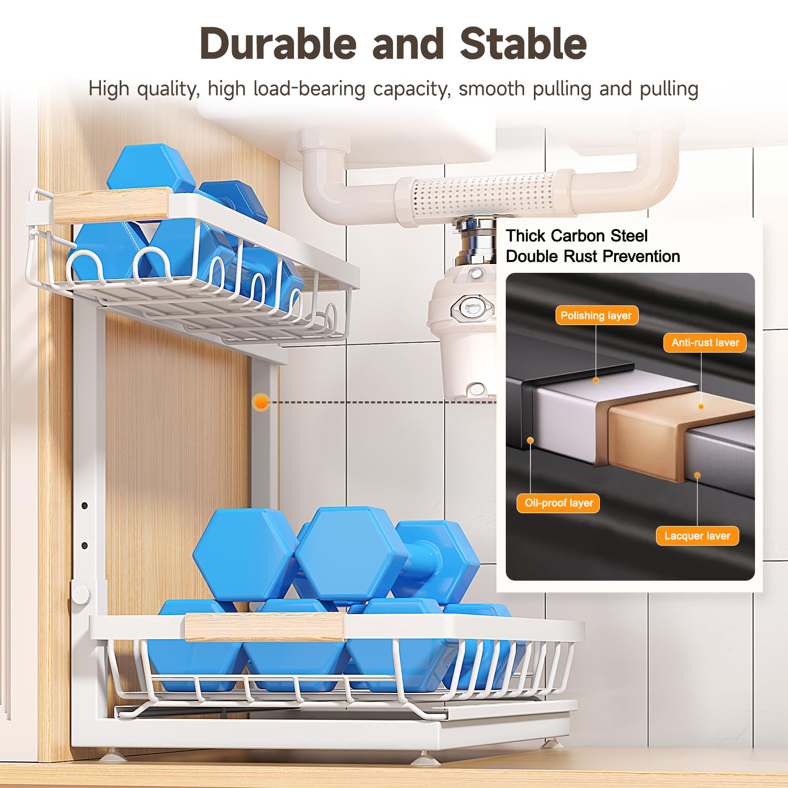 2 Packs Under Sink Organizer, High Adjustable 2 Tier Under Kitchen sink organizer, Multi-Purpose Storage Shelf for Kitchen Bathroom Cabinet (White)