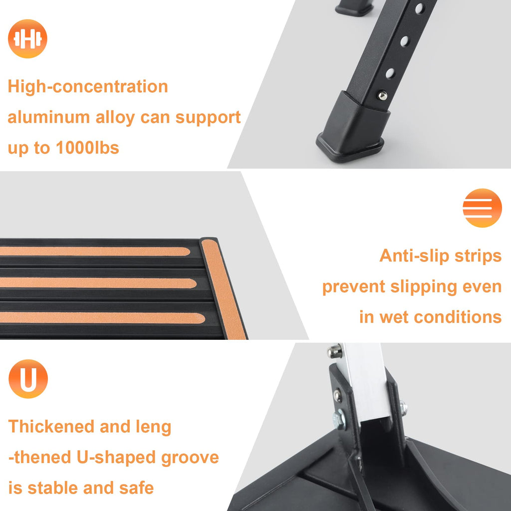 Safety RV Steps, Height Adjustable Folding Platform Step with 17" X 12" Anti-Slip Surface, Rubber Feet, Handle, Reflective Strips, and T Level, Aluminum RV Step Stool Supports Up to 1000lbs