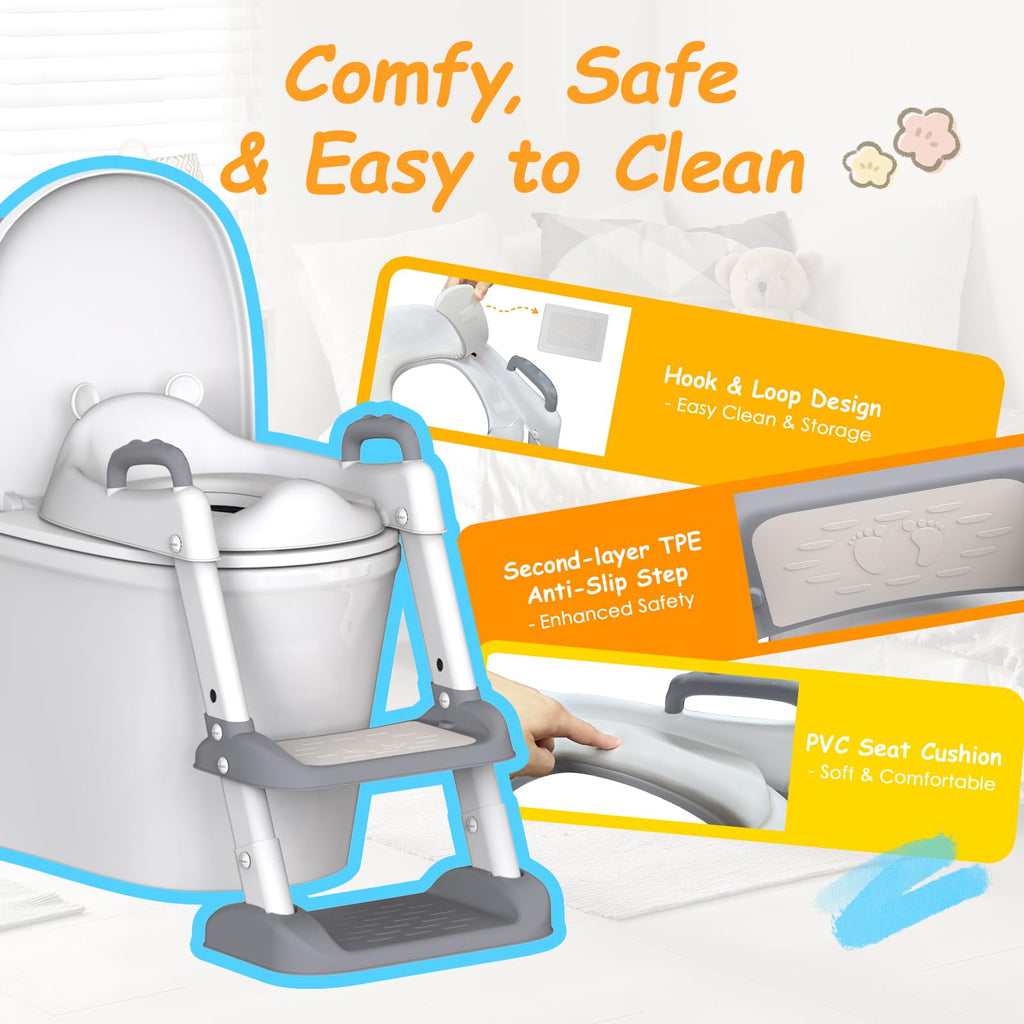 Potty Training Seat with Step Stool Ladder for Toddlers, Adjustable Kids Toilet Seat with Splash Guard, Anti-Slip Pads & Safety Handles, Comfortable Potty Chair for Boys & Girls (Grey)