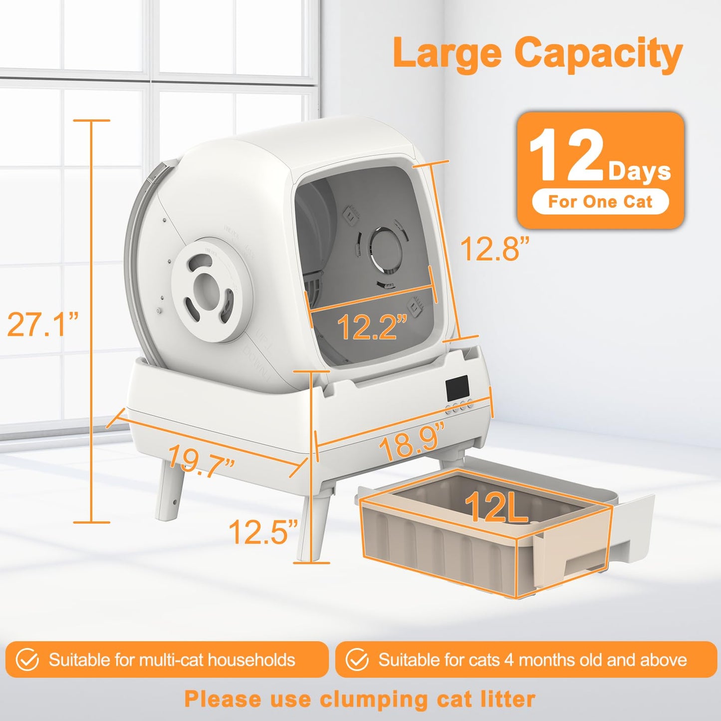 Automatic Cat Litter Box Self Cleaning - App Control, Cat Toilet Records, Suitable for Medium Cats and Kittens, Anti-Pinch Safety, Low Noise Operation【Assembly Required】- White
