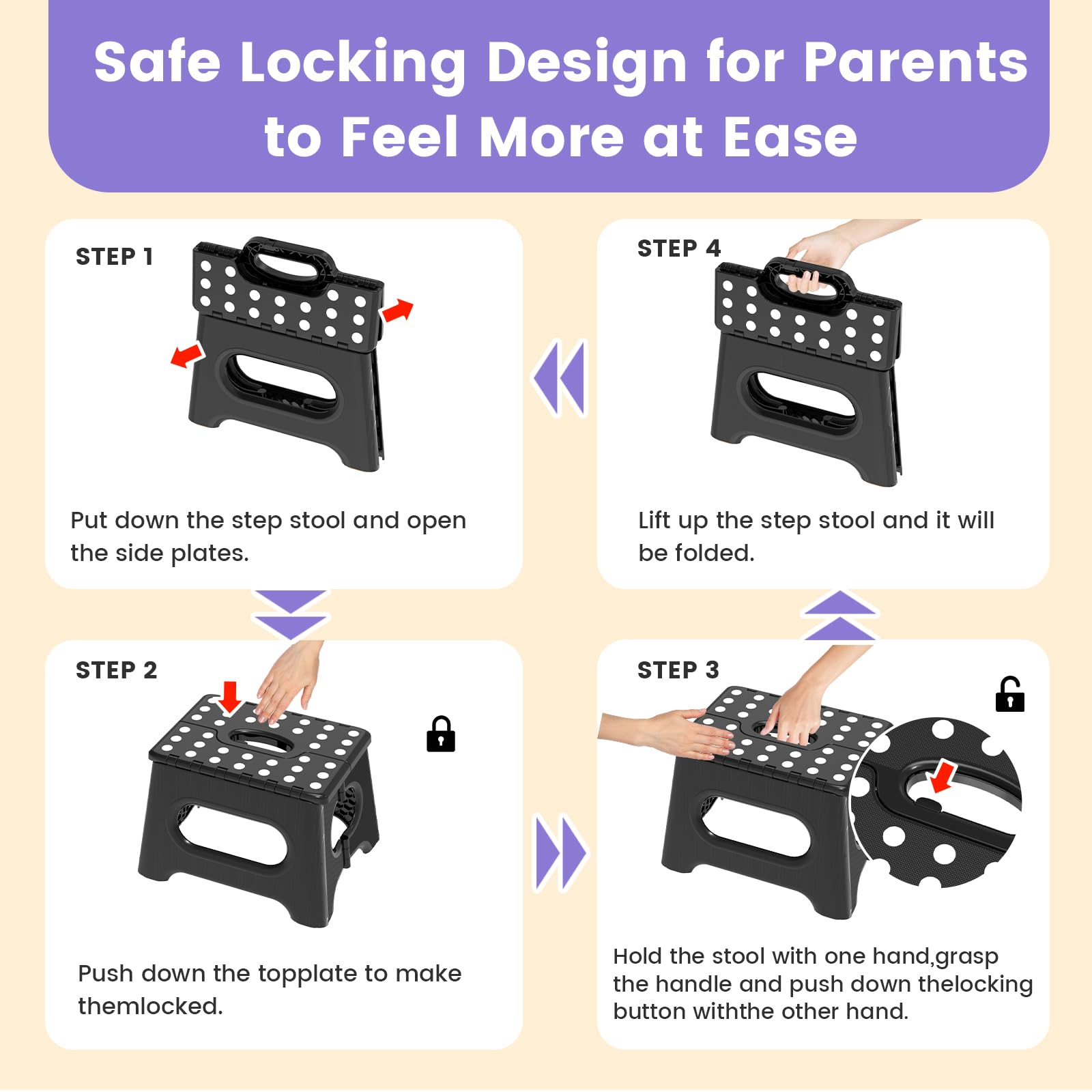 Folding Step Stool 9 Inch - Holds 600 lb, Non-Slip Surface & Carry Handle - Sturdy Step Stool for Kids, Toddlers & Adults - Compact Foldable Foot Stool for Kitchen, Bathroom, Bedroom, Outdoor