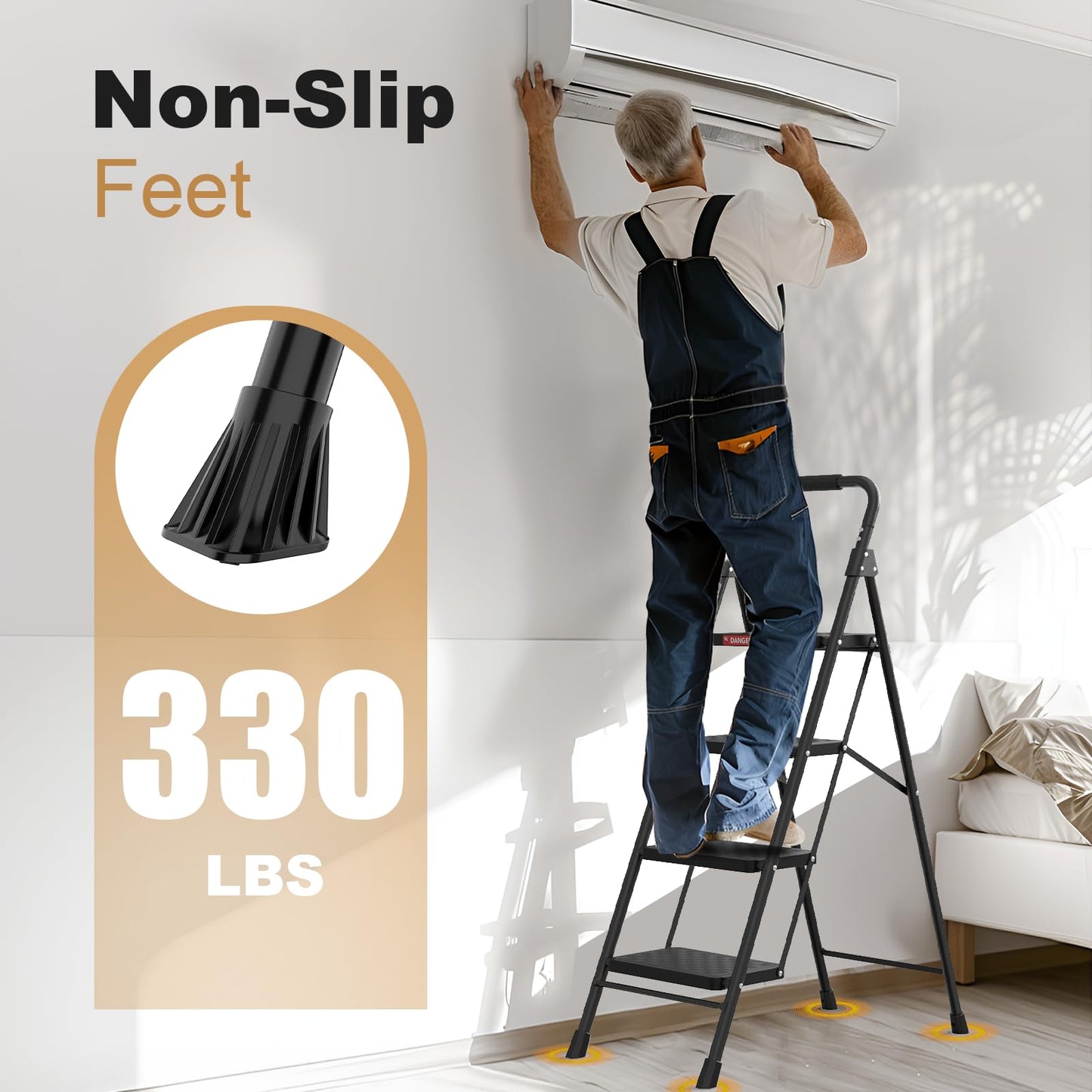 4 Step Ladder, Folding Step Stool with Wide Anti-Slip Pedal, Step Stool Foldable with Cushioned Handle for Home and Kitchen, Black