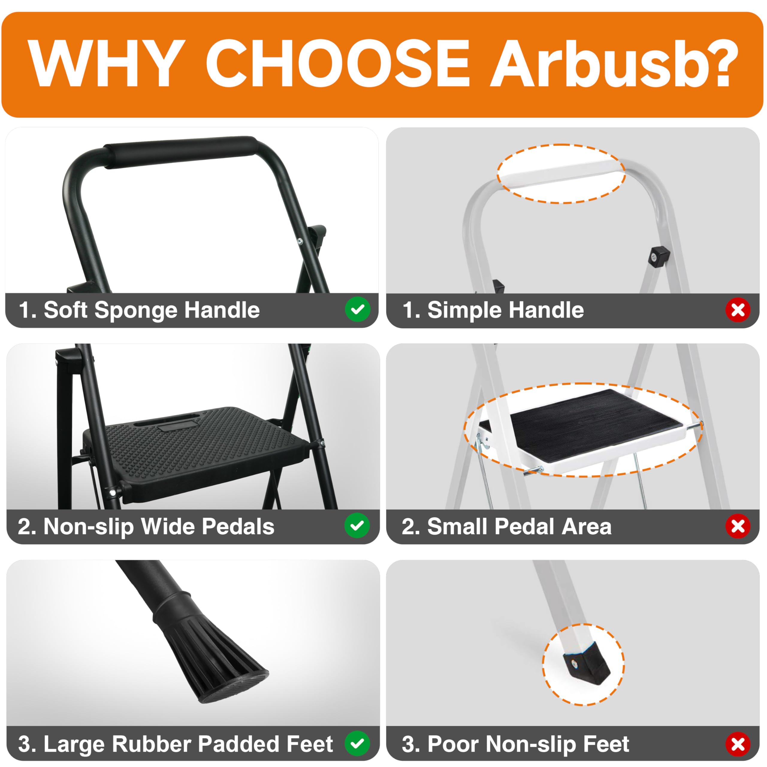 2 Step Ladder, Folding Step Stool with Wide Anti-Slip Pedals, 500lbs Sturdy Steel Ladder with Handrail, Space-Saving, Portable for Home & Adults, Black