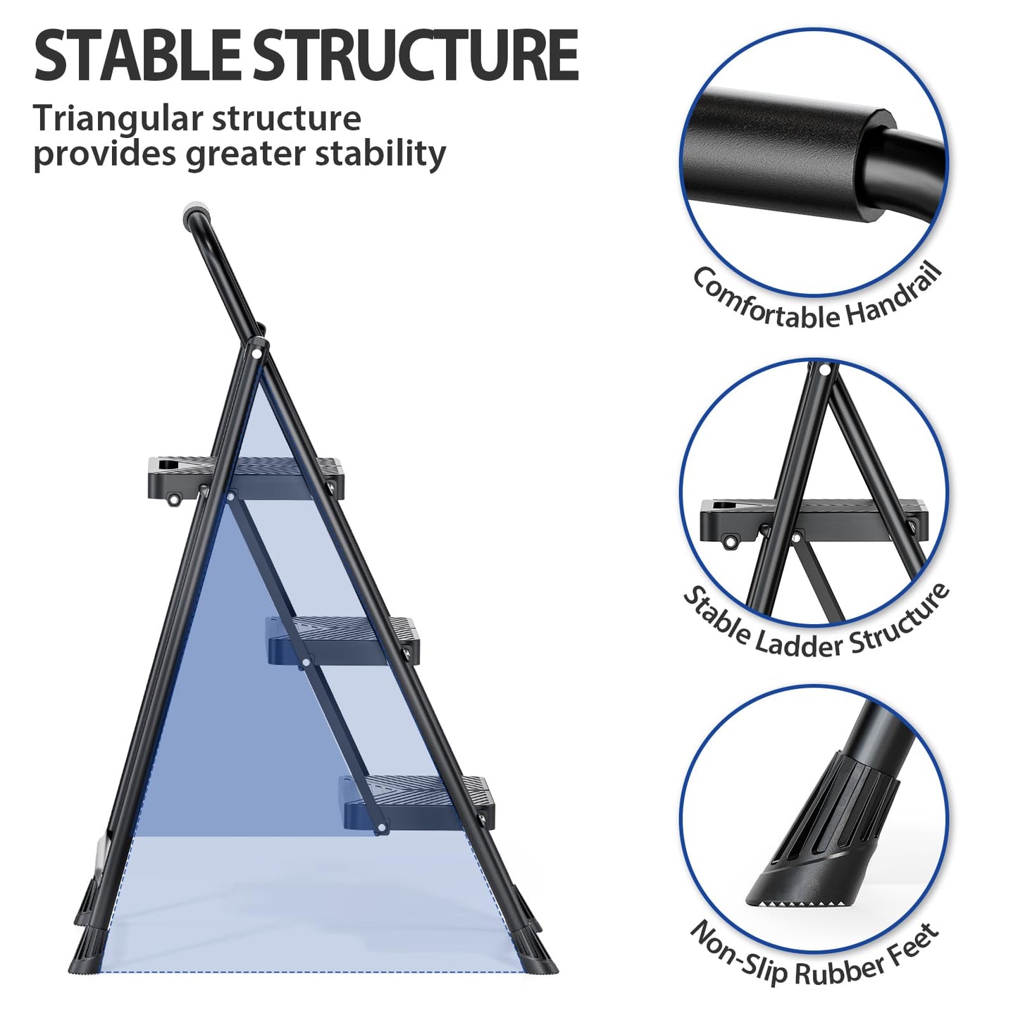 Folding 3 Step Ladder, Portable Ladder for Multi-Purpose, Home, Kitchen, Heavy Sturdy Steel Step Stool with Anti-Slip Wide Pedals, Handrail, Safe-Lock Design, Pass 500lbs Load Testing, Black