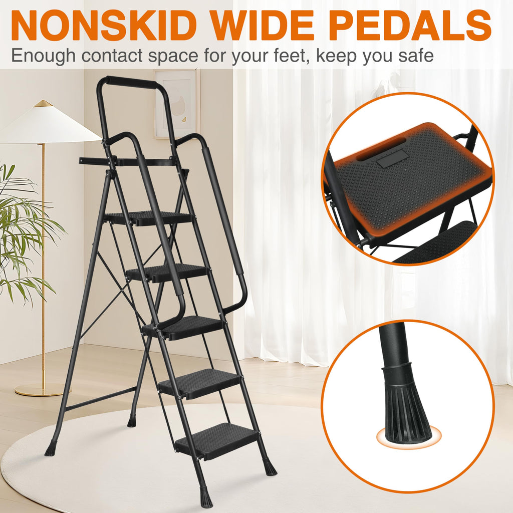 5 Step Ladder, Folding Step Stool with Wide Anti-Slip Pedals, Sturdy Steel Ladder with Handrail, Tool Platfor, Portable for Home & Adults, Black