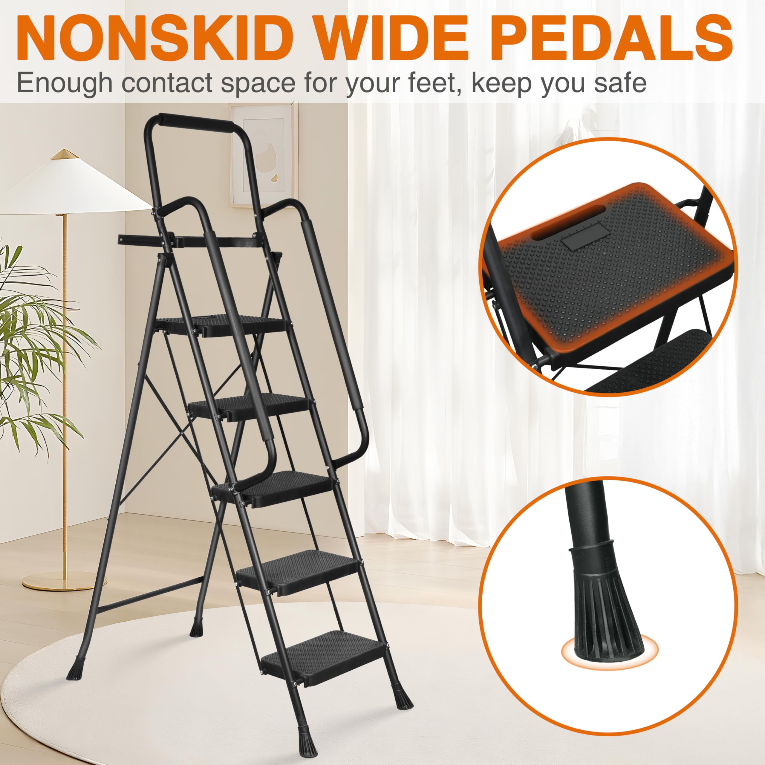 5 Step Ladder, Folding Step Stool with Wide Anti-Slip Pedals, Sturdy Steel Ladder with Handrail, Tool Platfor, Portable for Home & Adults, Black