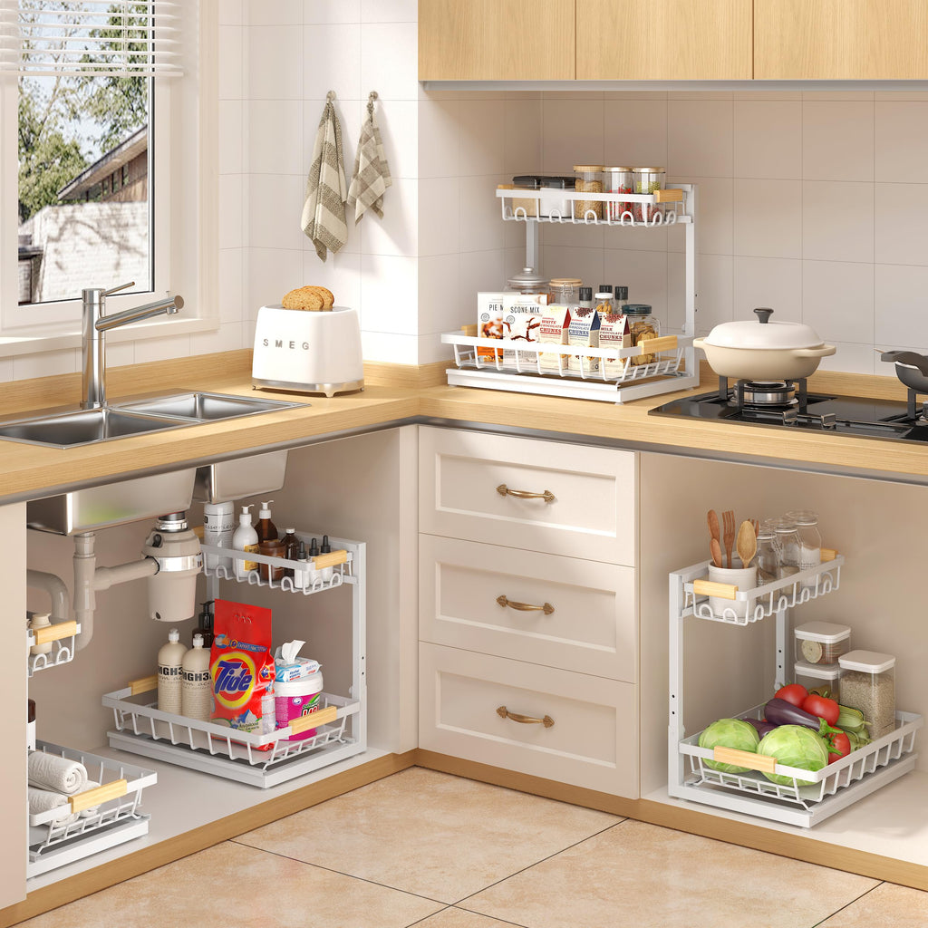 2 Packs Under Sink Organizer, High Adjustable 2 Tier Under Kitchen sink organizer, Multi-Purpose Storage Shelf for Kitchen Bathroom Cabinet (White)