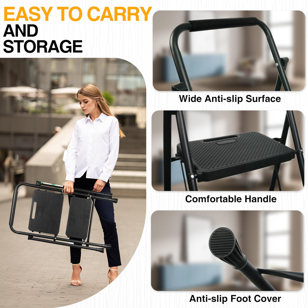 2 Step Ladder, Portable Steel Folding Step Stool with Wide Anti-Slip Pedal & Convenient Handgrip, 500lbs Sturdy Steel Ladder, Black