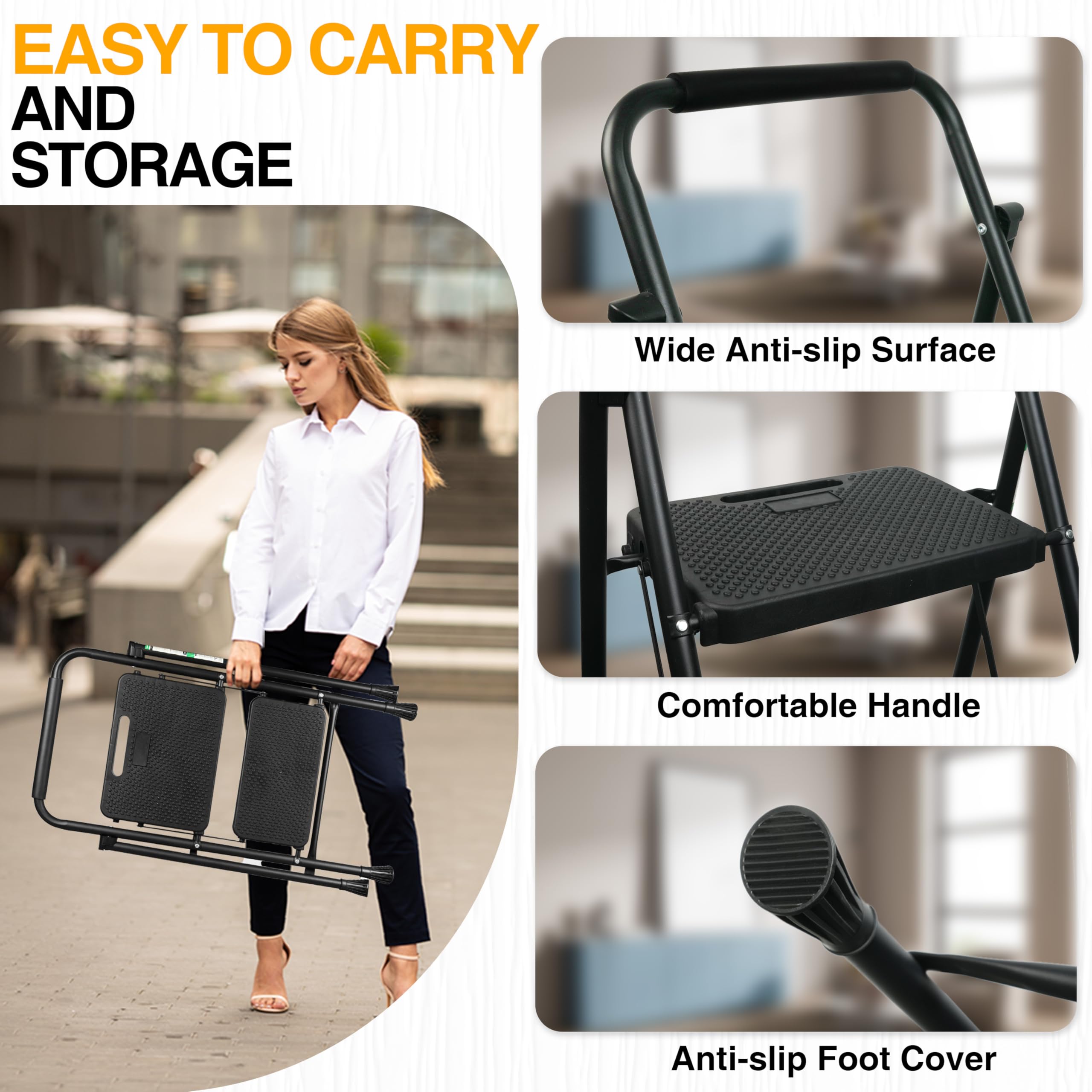 2 Step Ladder, Portable Steel Folding Step Stool with Wide Anti-Slip Pedal & Convenient Handgrip, 500lbs Sturdy Steel Ladder, Black