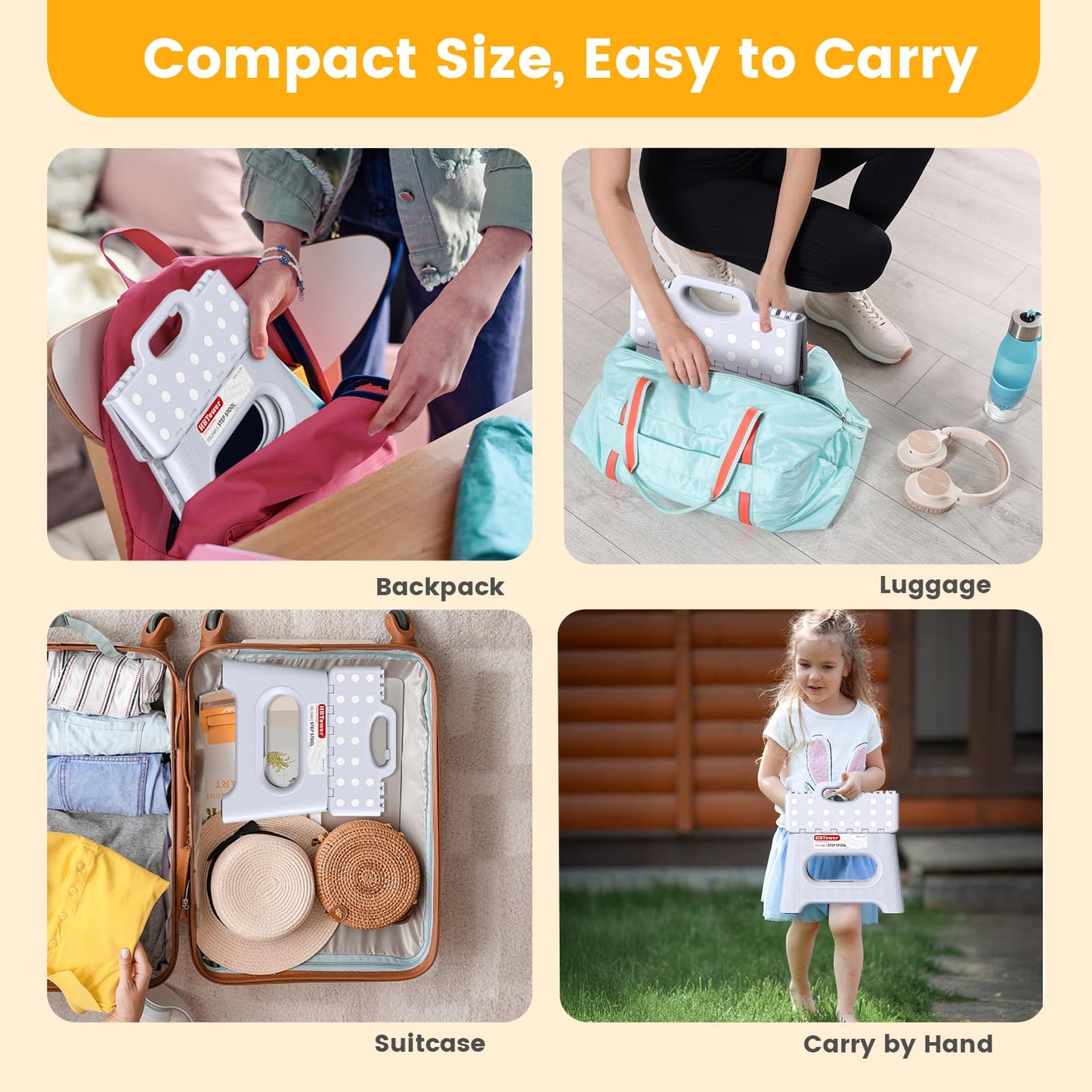 Folding Step Stool 9 Inch - Holds 600 lb, Non-Slip Surface & Carry Handle - Sturdy Step Stool for Kids, Toddlers & Adults - Compact Foldable Foot Stool for Kitchen, Bathroom, Bedroom(White)