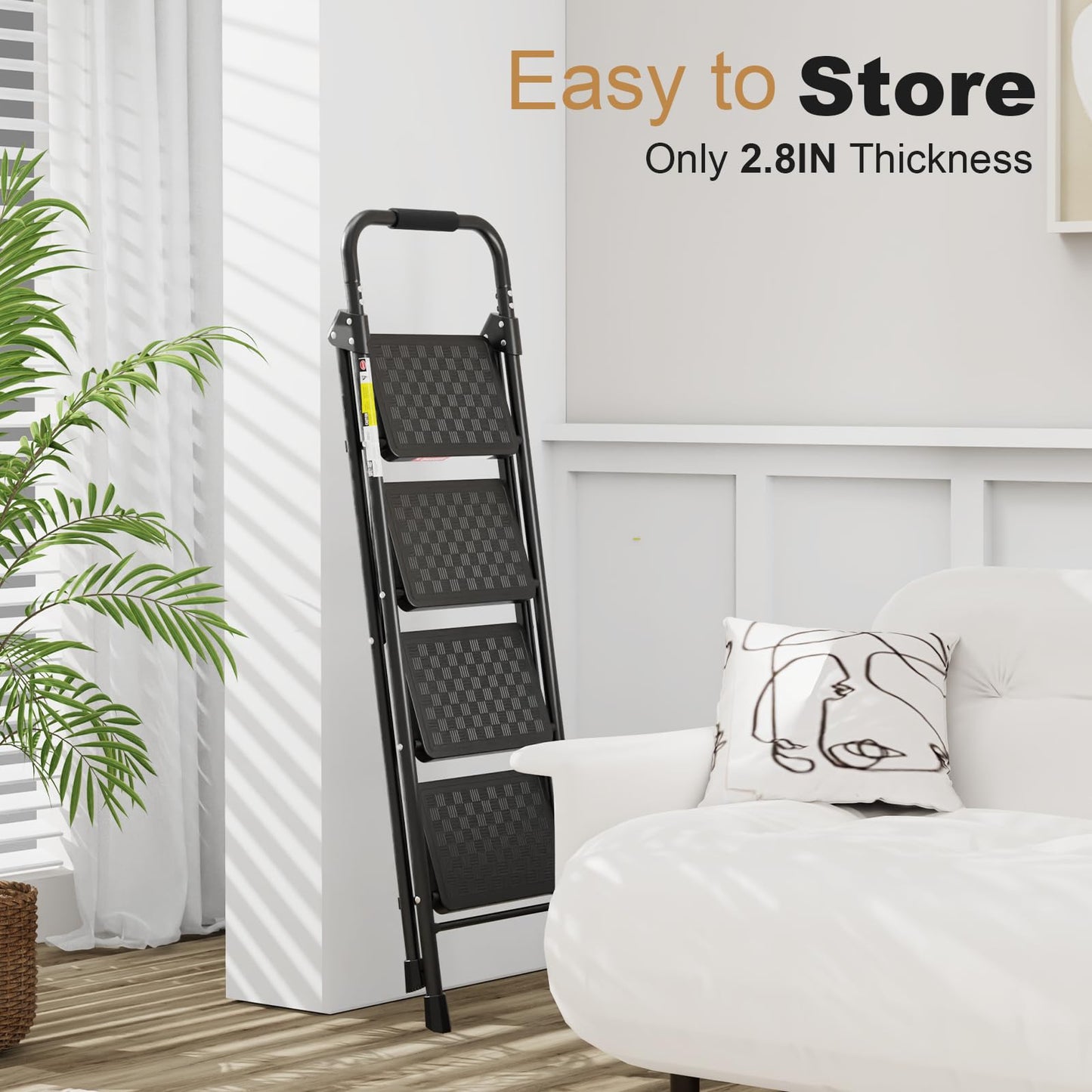 4 Step Ladder, Folding Step Stool with Wide Anti-Slip Pedal, Step Stool Foldable with Cushioned Handle for Home and Kitchen, Black