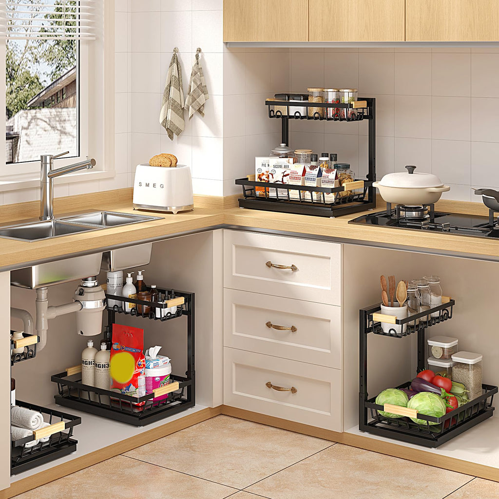 2 Packs Under Sink Organizer, Height Adjustable 2 Tier Under Kitchen Sink Organizer, Multi-Purpose Storage Shelf for Kitchen Bathroom Cabinet (Black)