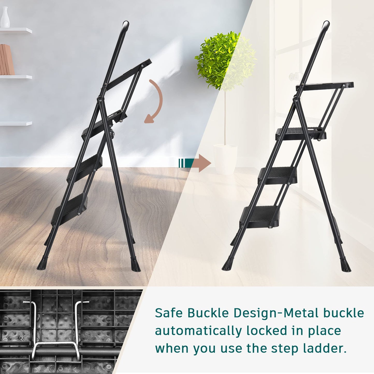 3 Step Ladder with Tool Tray, Folding Step Stool with Wide Non-Slip Pedal and Comfort Handgrip for Household and Office, Lightweight 500lbs Capacity Step Ladder, Black