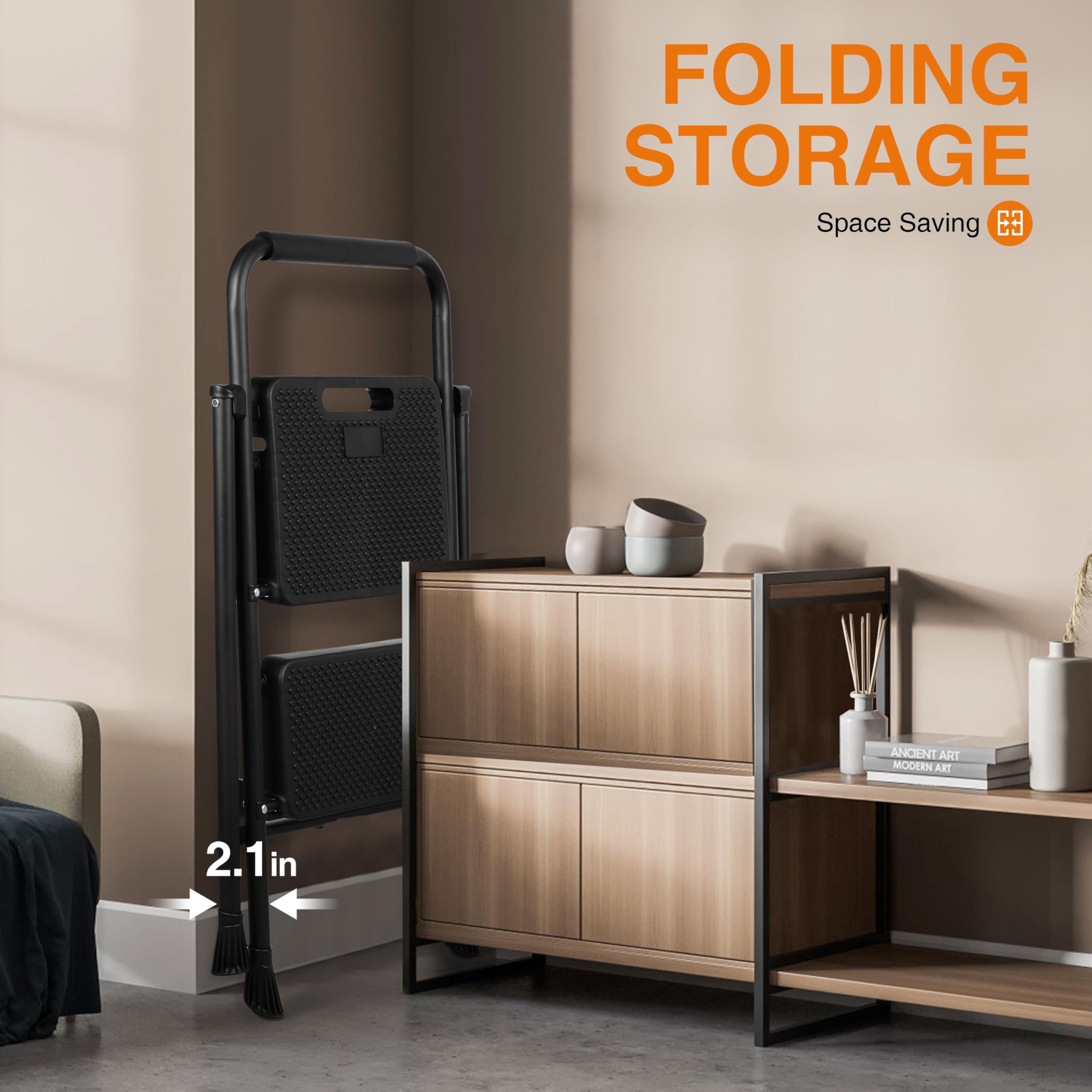 2 Step Ladder, Folding Step Stool with Wide Anti-Slip Pedals, 500lbs Sturdy Steel Ladder with Handrail, Space-Saving, Portable for Home & Adults, Black