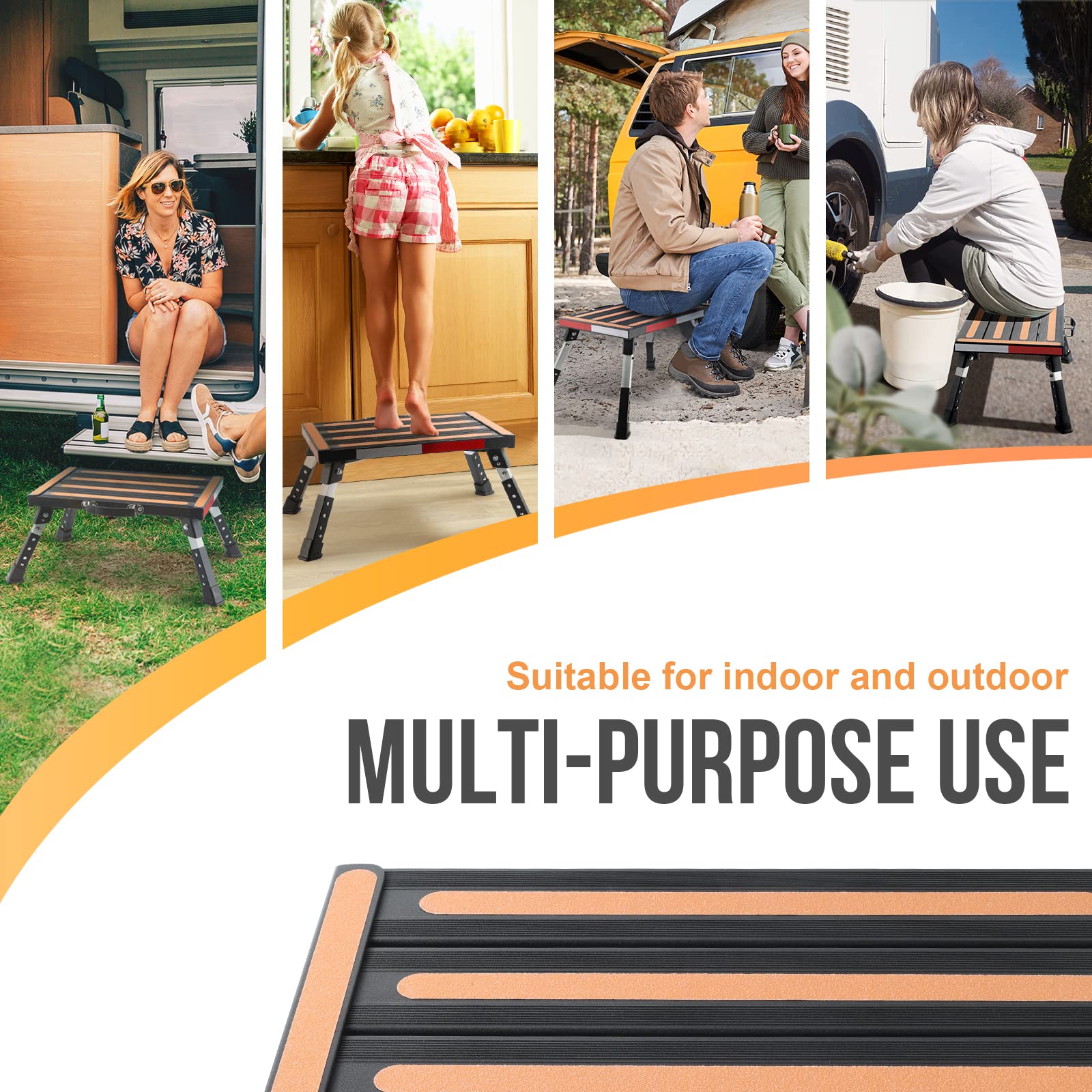 Safety RV Steps, Height Adjustable Folding Platform Step with 17" X 12" Anti-Slip Surface, Rubber Feet, Handle, Reflective Strips, and T Level, Aluminum RV Step Stool Supports Up to 1000lbs