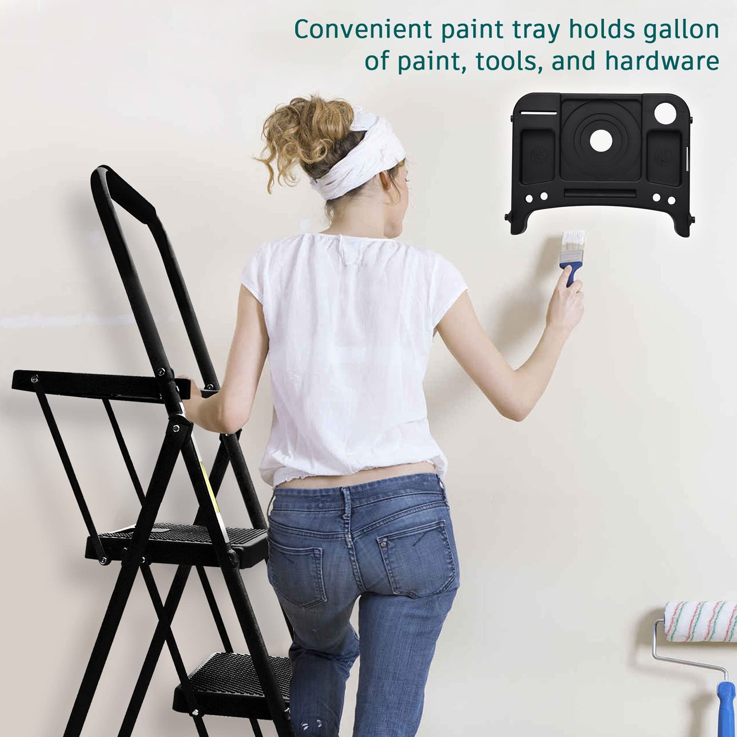 3 Step Ladder with Tool Tray, Folding Step Stool with Wide Non-Slip Pedal and Comfort Handgrip for Household and Office, Lightweight 500lbs Capacity Step Ladder, Black