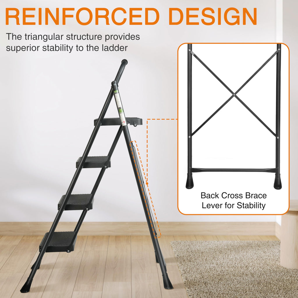 4 Step Ladder, Folding Step Stool with Wide Anti-Slip Pedals, 500lbs Sturdy Steel Ladder with Handrail, Space-Saving, Portable for Home & Adults, Black