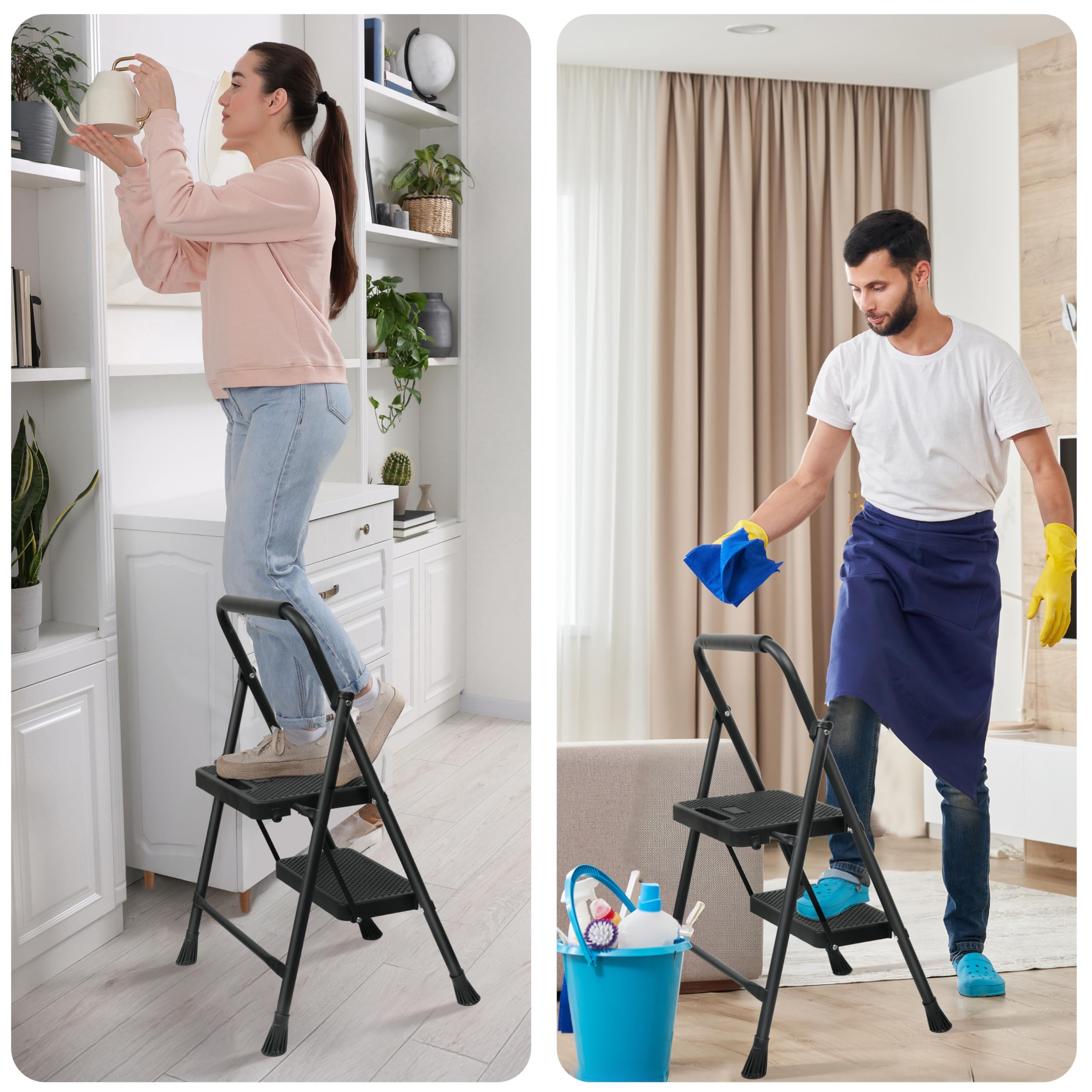 2 Step Ladder, Portable Steel Folding Step Stool with Wide Anti-Slip Pedal & Convenient Handgrip, 500lbs Sturdy Steel Ladder, Black