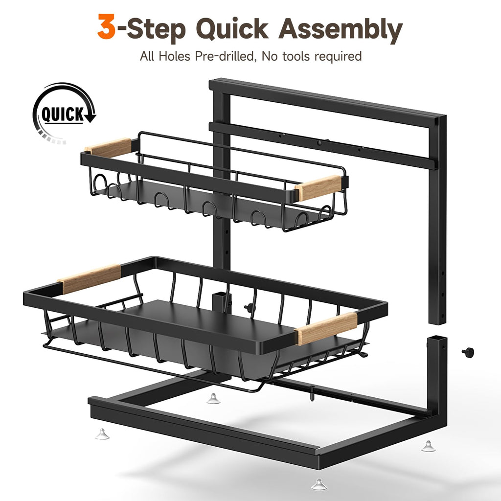 2 Packs Under Sink Organizer, Height Adjustable 2 Tier Under Kitchen Sink Organizer, Multi-Purpose Storage Shelf for Kitchen Bathroom Cabinet (Black)