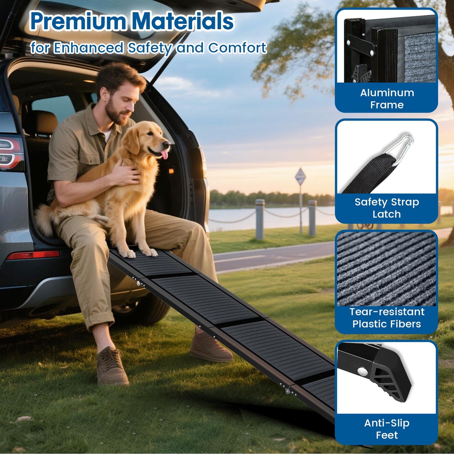 63" Long & 17.3" Wide Folding Dog Ramp for Car, SUV & Truck – Portable Pet Ramp with Non-Slip Surface, Extra Wide Steps for Large Dogs Up to 250LBS
