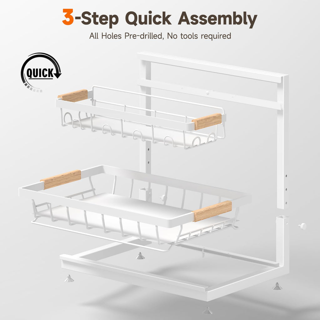 2 Packs Under Sink Organizer, High Adjustable 2 Tier Under Kitchen sink organizer, Multi-Purpose Storage Shelf for Kitchen Bathroom Cabinet (White)