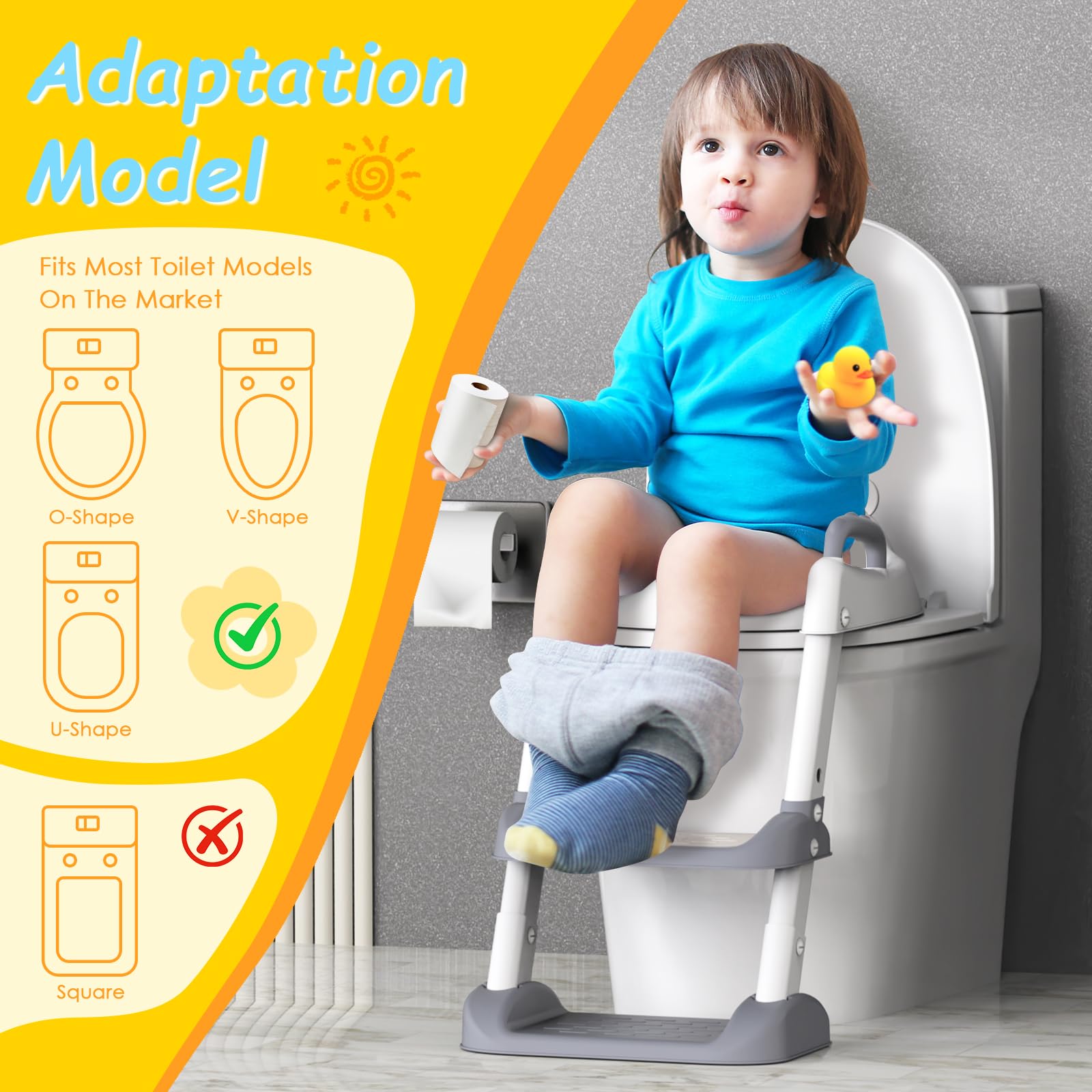 Potty Training Seat with Step Stool Ladder for Toddlers, Adjustable Kids Toilet Seat with Splash Guard, Anti-Slip Pads & Safety Handles, Comfortable Potty Chair for Boys & Girls (Grey)