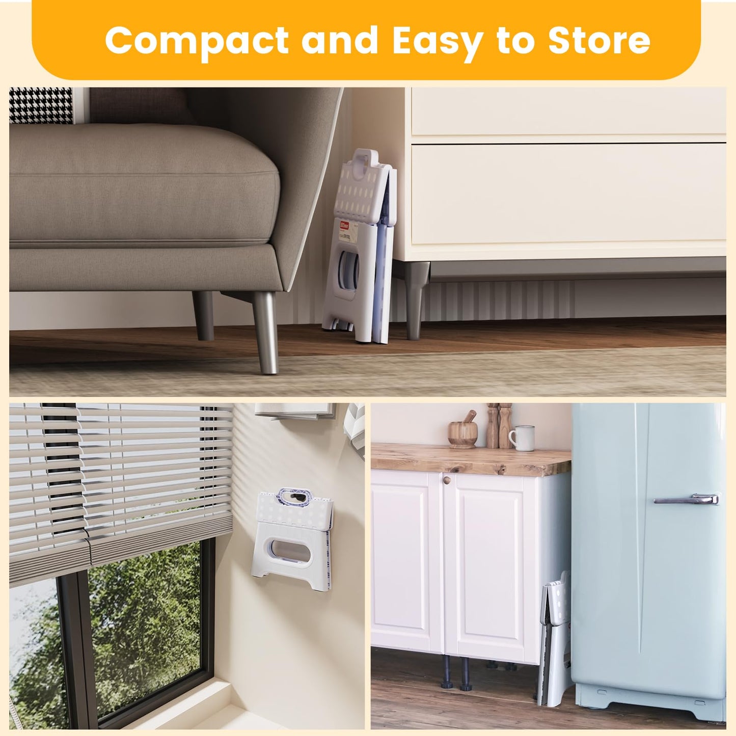 Folding Step Stool 9 Inch - Holds 600 lb, Non-Slip Surface & Carry Handle - Sturdy Step Stool for Kids, Toddlers & Adults - Compact Foldable Foot Stool for Kitchen, Bathroom, Bedroom(White)