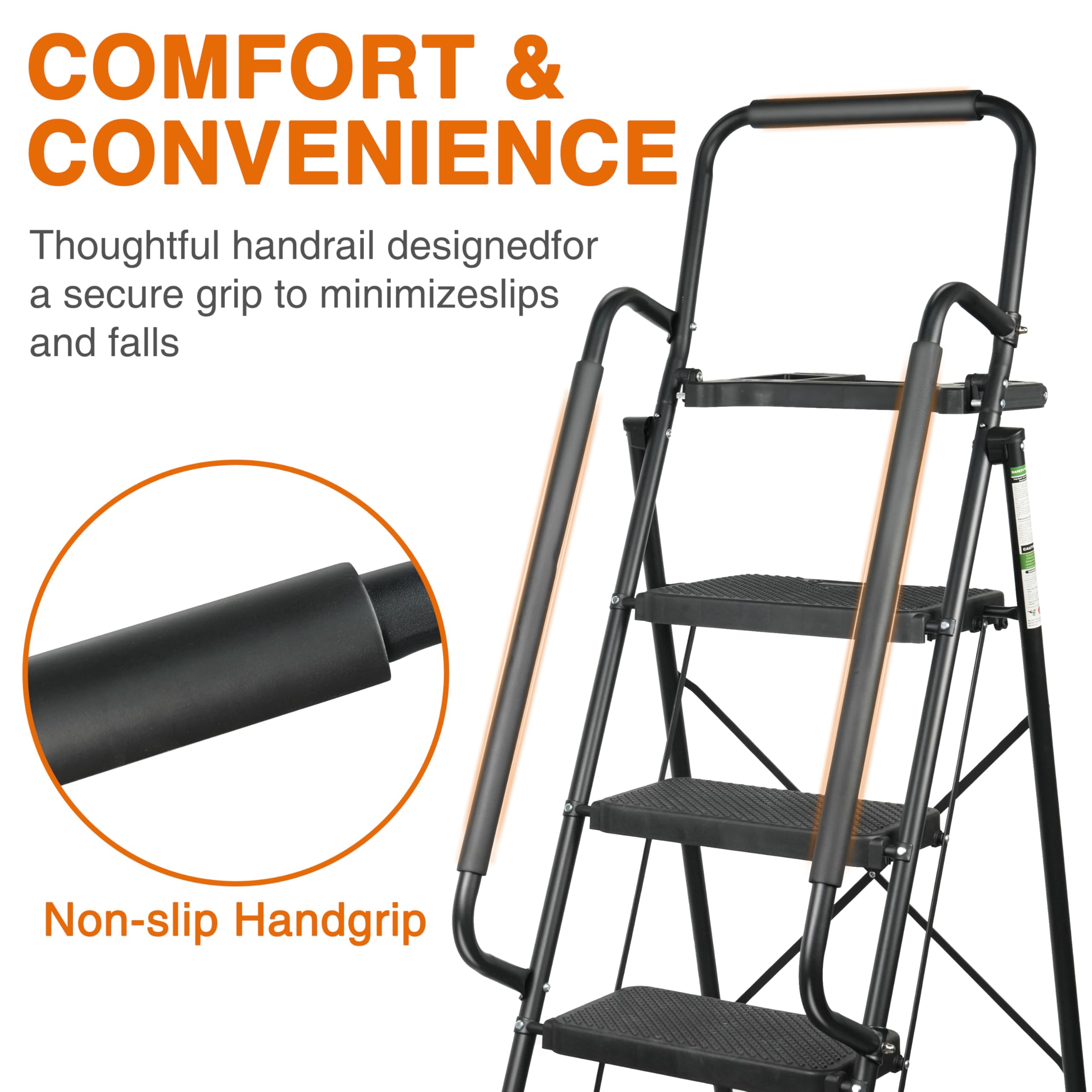 5 Step Ladder, Folding Step Stool with Wide Anti-Slip Pedals, Sturdy Steel Ladder with Handrail, Tool Platfor, Portable for Home & Adults, Black