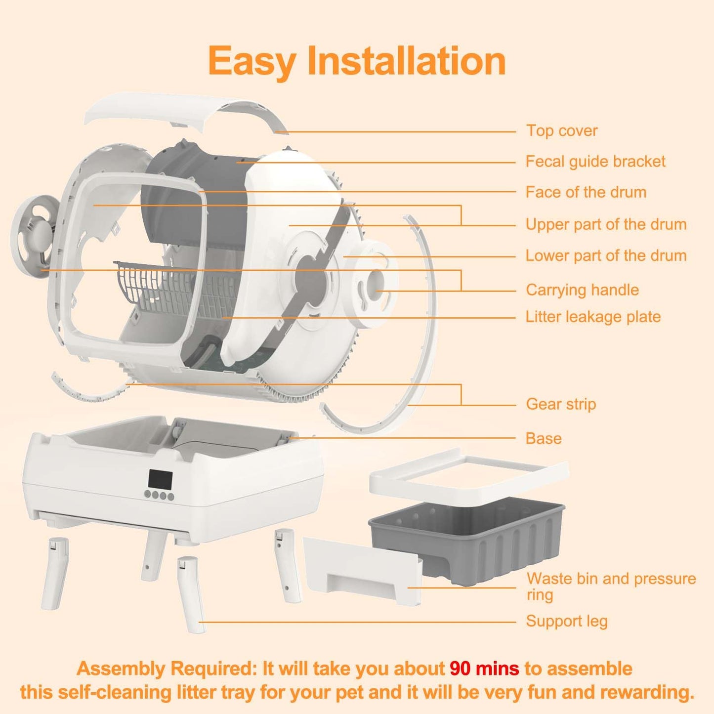Automatic Cat Litter Box Self Cleaning - App Control, Cat Toilet Records, Suitable for Medium Cats and Kittens, Anti-Pinch Safety, Low Noise Operation【Assembly Required】- White