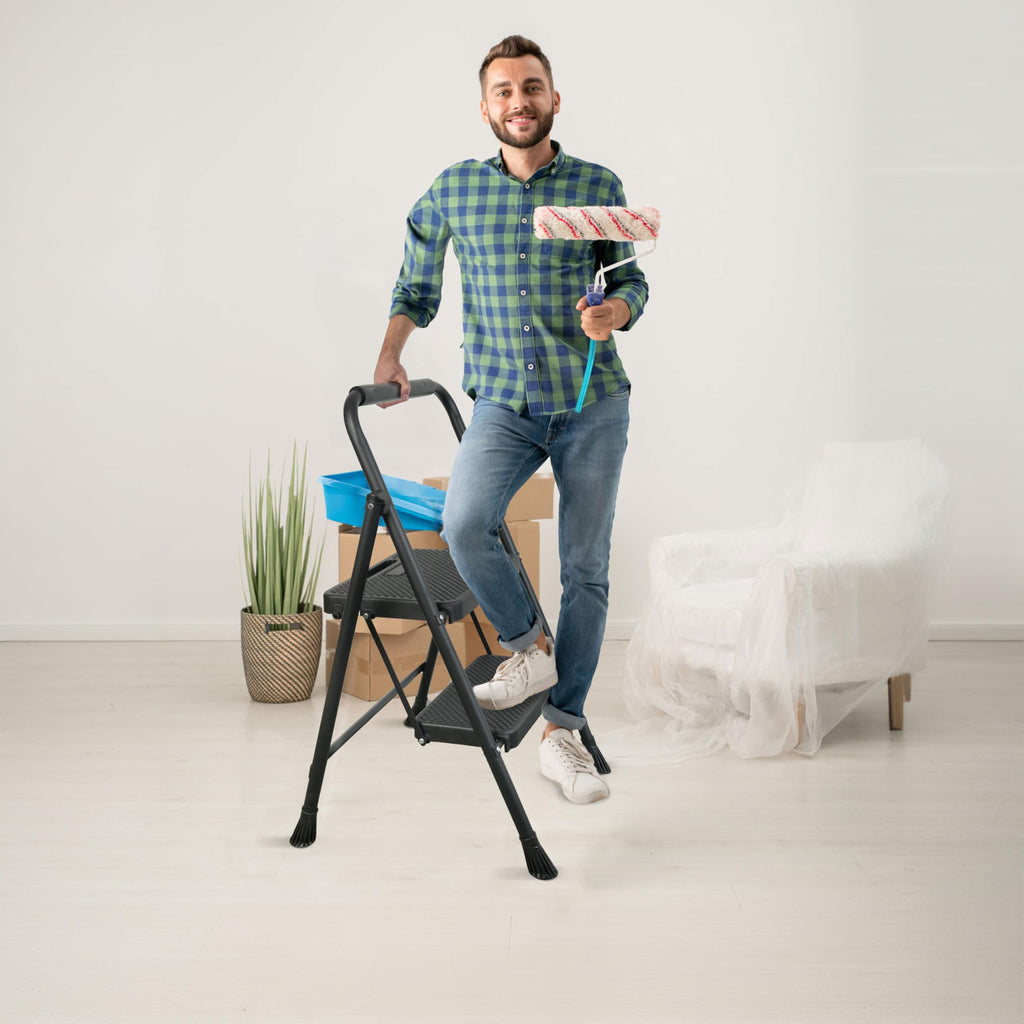 2 Step Ladder, Folding Step Stool with Wide Anti-Slip Pedals, 500lbs Sturdy Steel Ladder with Handrail, Space-Saving, Portable for Home & Adults, Black