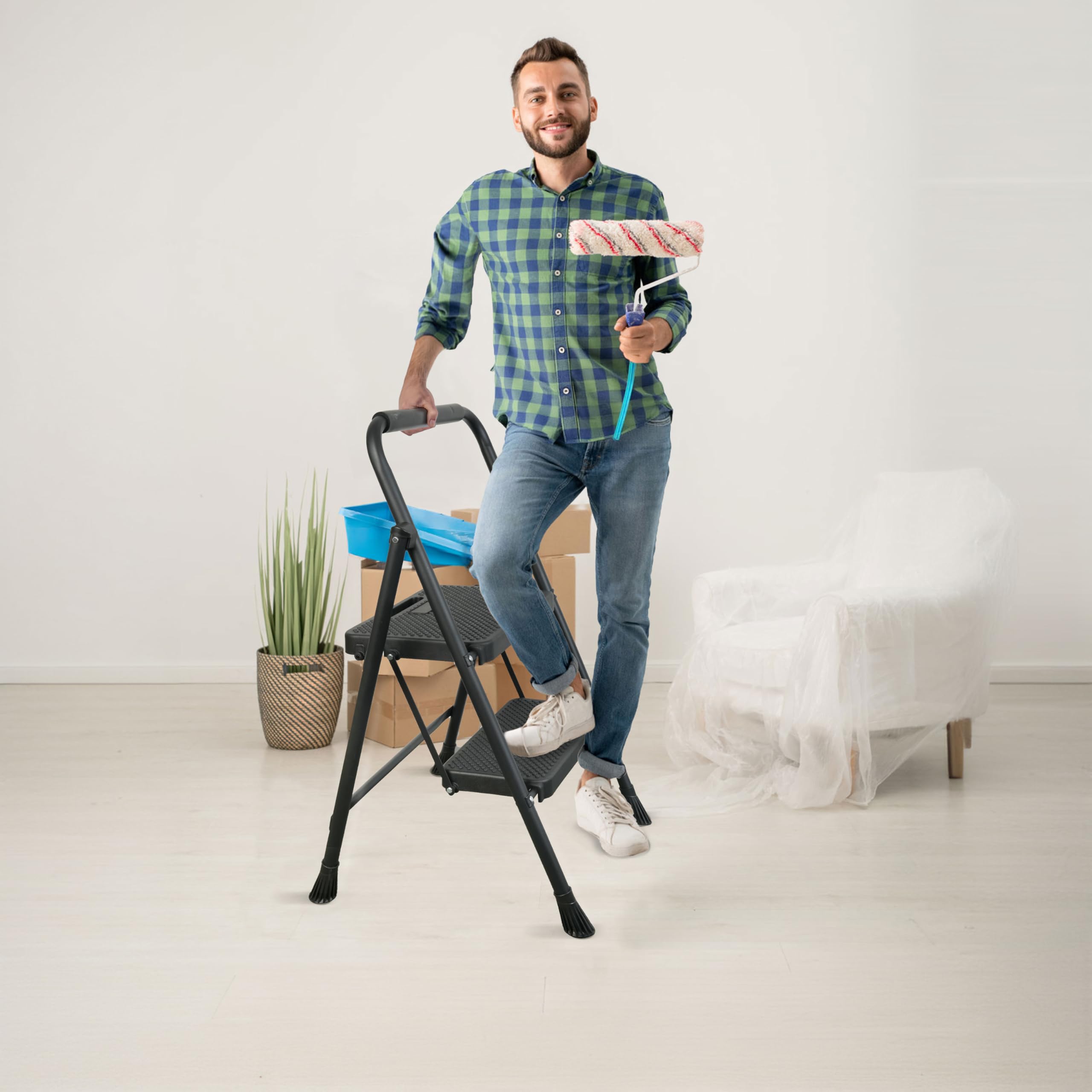 2 Step Ladder, Folding Step Stool with Wide Anti-Slip Pedals, 500lbs Sturdy Steel Ladder with Handrail, Space-Saving, Portable for Home & Adults, Black