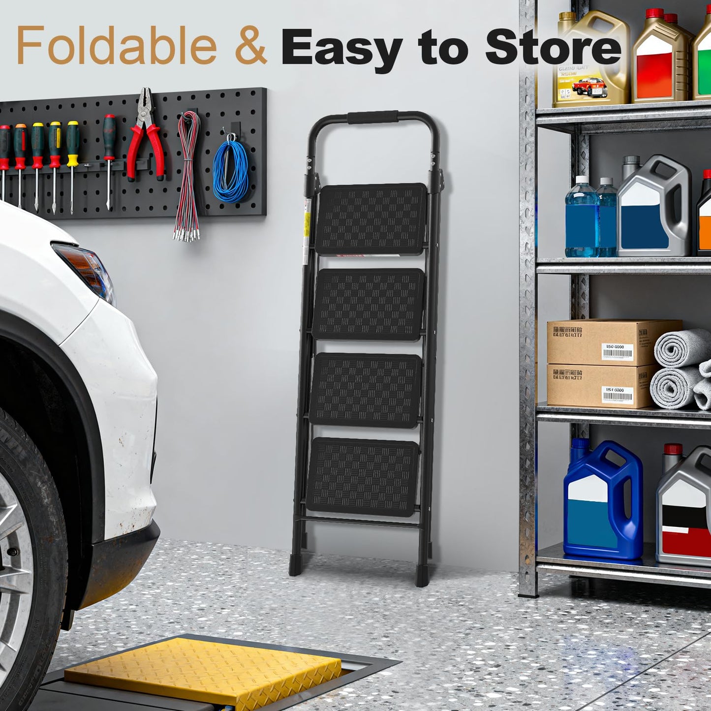 4 Step Ladder, Folding Step Stool with Wide Anti-Slip Pedal, Step Stool Foldable with Cushioned Handle for Home and Kitchen, Black