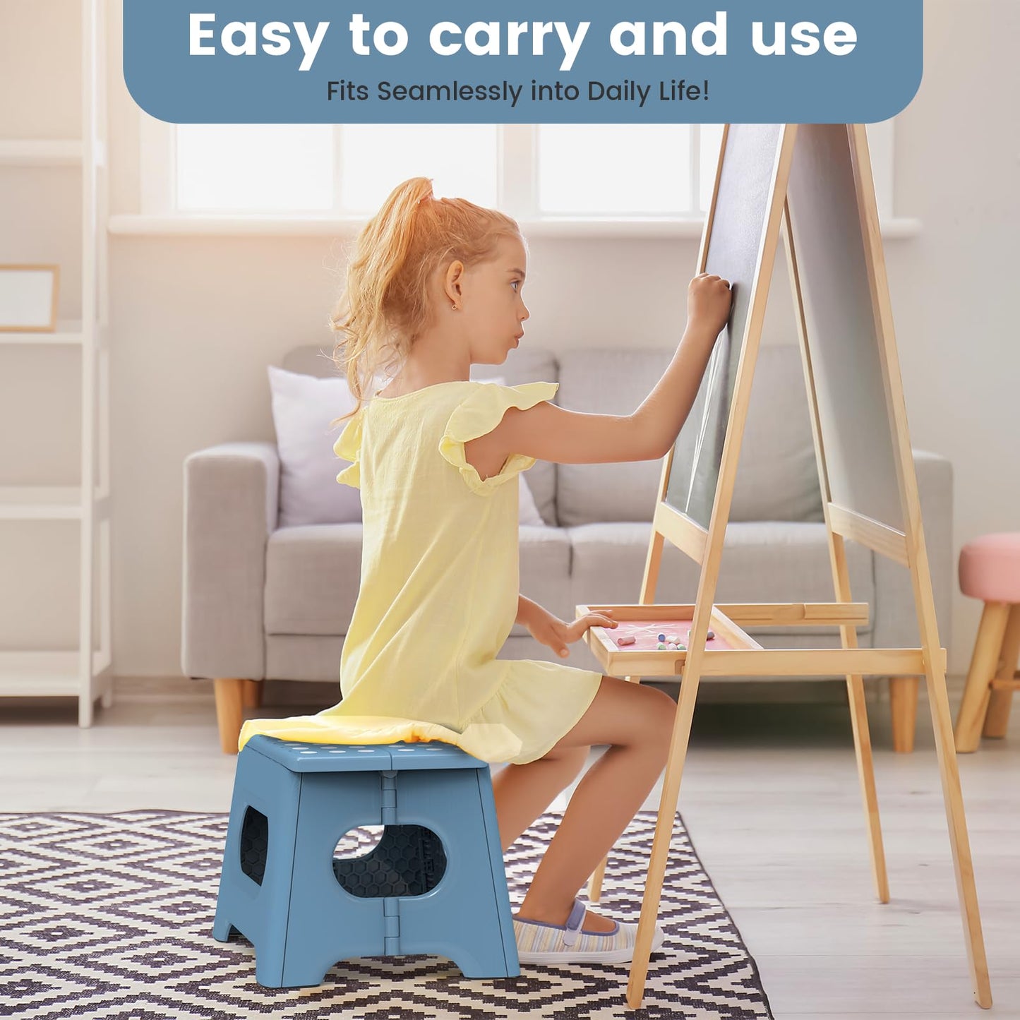 Folding Step Stool 9 Inch - Holds 600 lb, Non-Slip Surface & Carry Handle - Sturdy Step Stool for Kids, Toddlers & Adults - Compact Foldable Foot Stool for Kitchen, Bathroom, Bedroom(Blue)