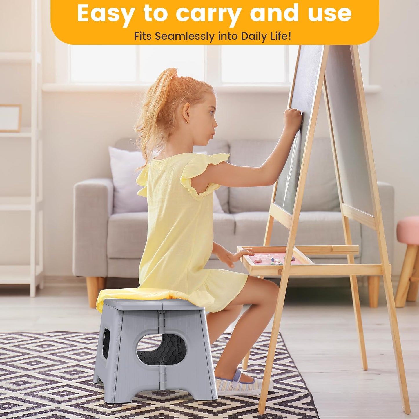 Folding Step Stool 9 Inch - Holds 600 lb, Non-Slip Surface & Carry Handle - Sturdy Step Stool for Kids, Toddlers & Adults - Compact Foldable Foot Stool for Kitchen, Bathroom, Bedroom(White)