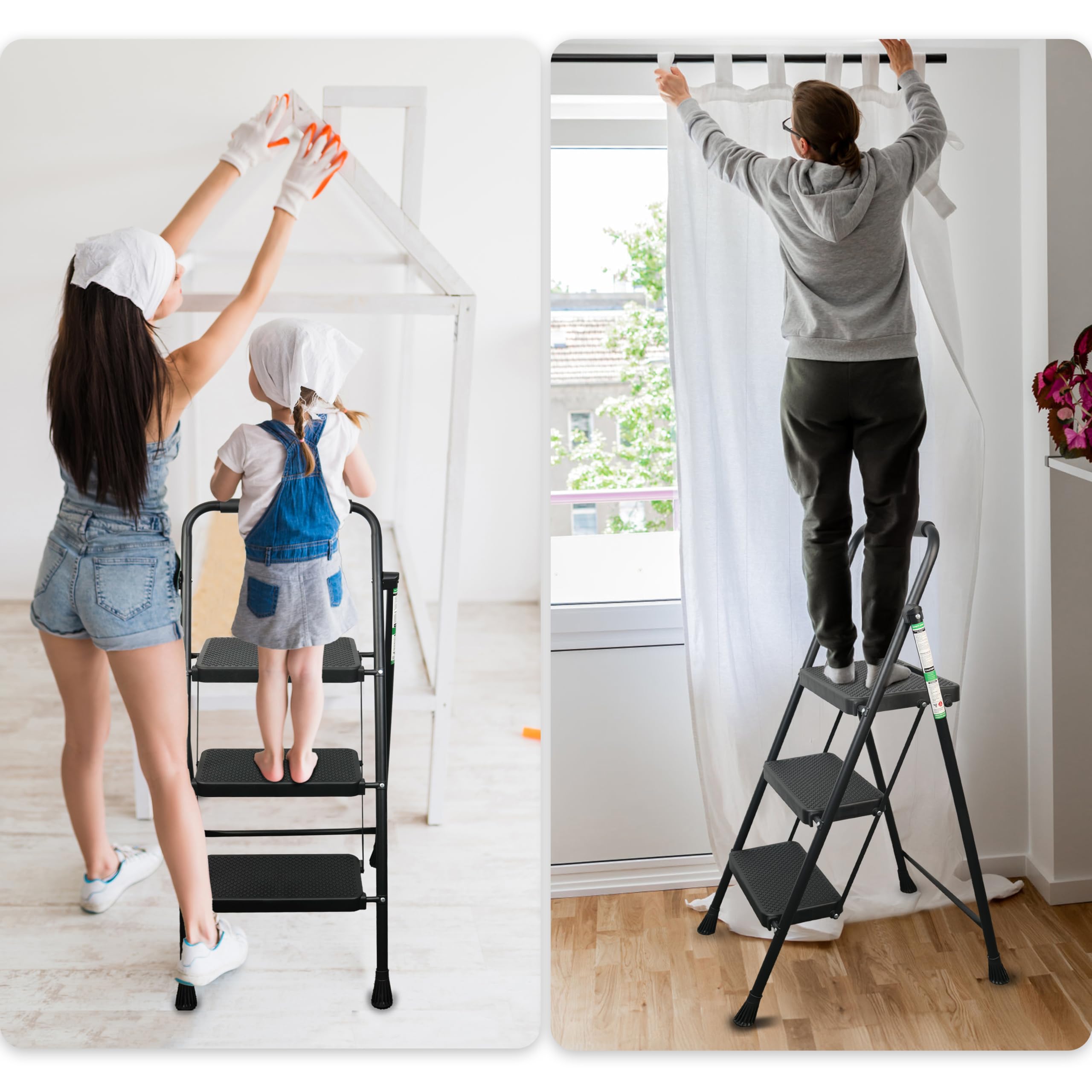 3 Step Ladder, Folding Step Stool with Wide Anti-Slip Pedals, 500lbs Sturdy Steel Ladder with Handrail, Space-Saving, Portable for Home & Adults, Black