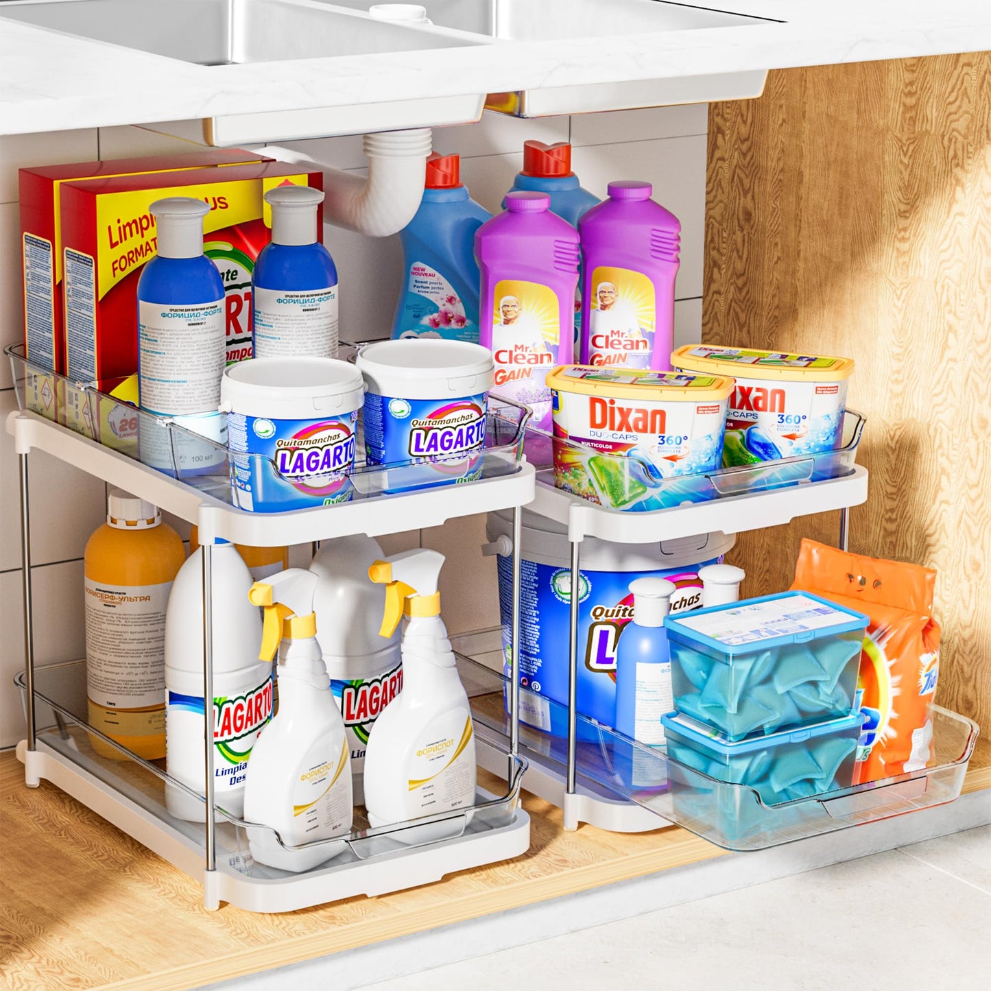 2 Sets of 2-Tier Multi-Purpose Bathroom Under Sink Organizers and Storage, Stackable Kitchen Pantry Organization, Pull Out Medicine Cabinet Organizer with 8 Movable Dividers