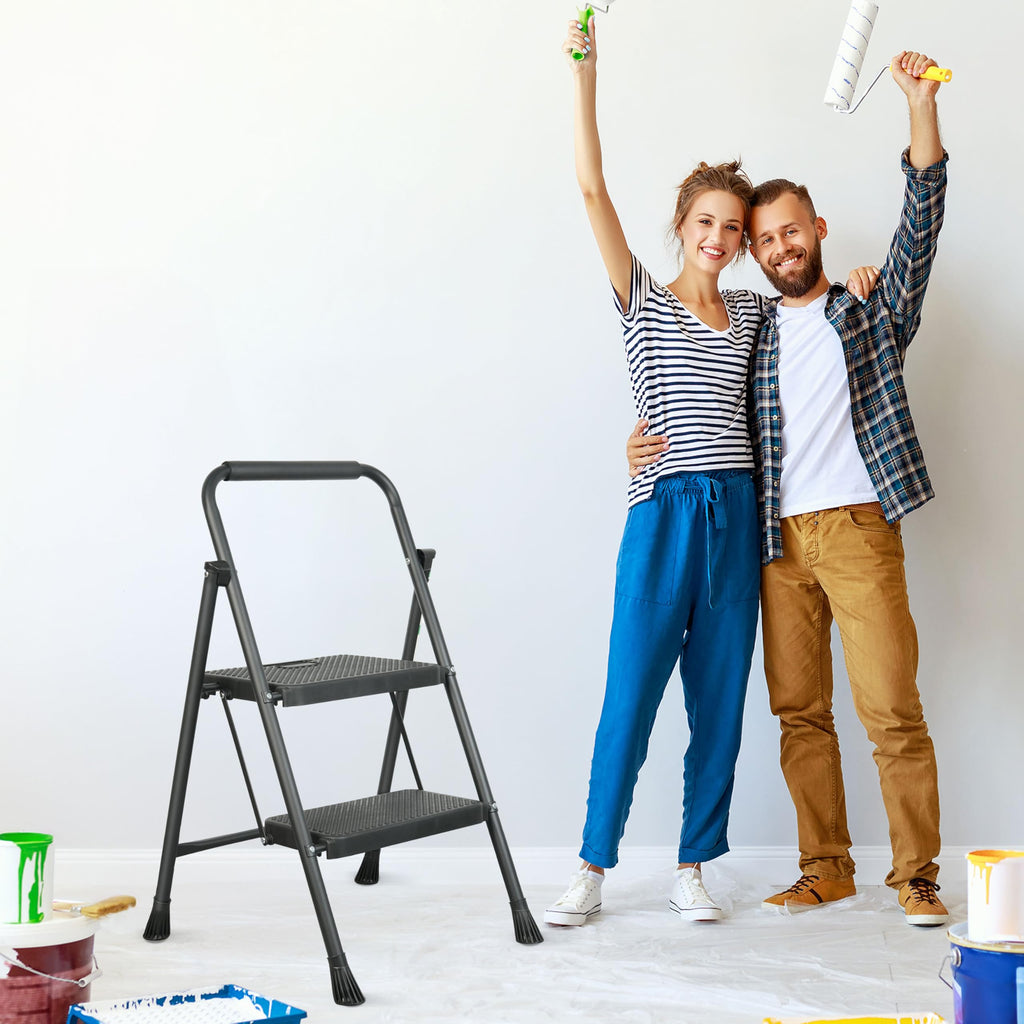 2 Step Ladder, Folding Step Stool with Wide Anti-Slip Pedals, 500lbs Sturdy Steel Ladder with Handrail, Space-Saving, Portable for Home & Adults, Black