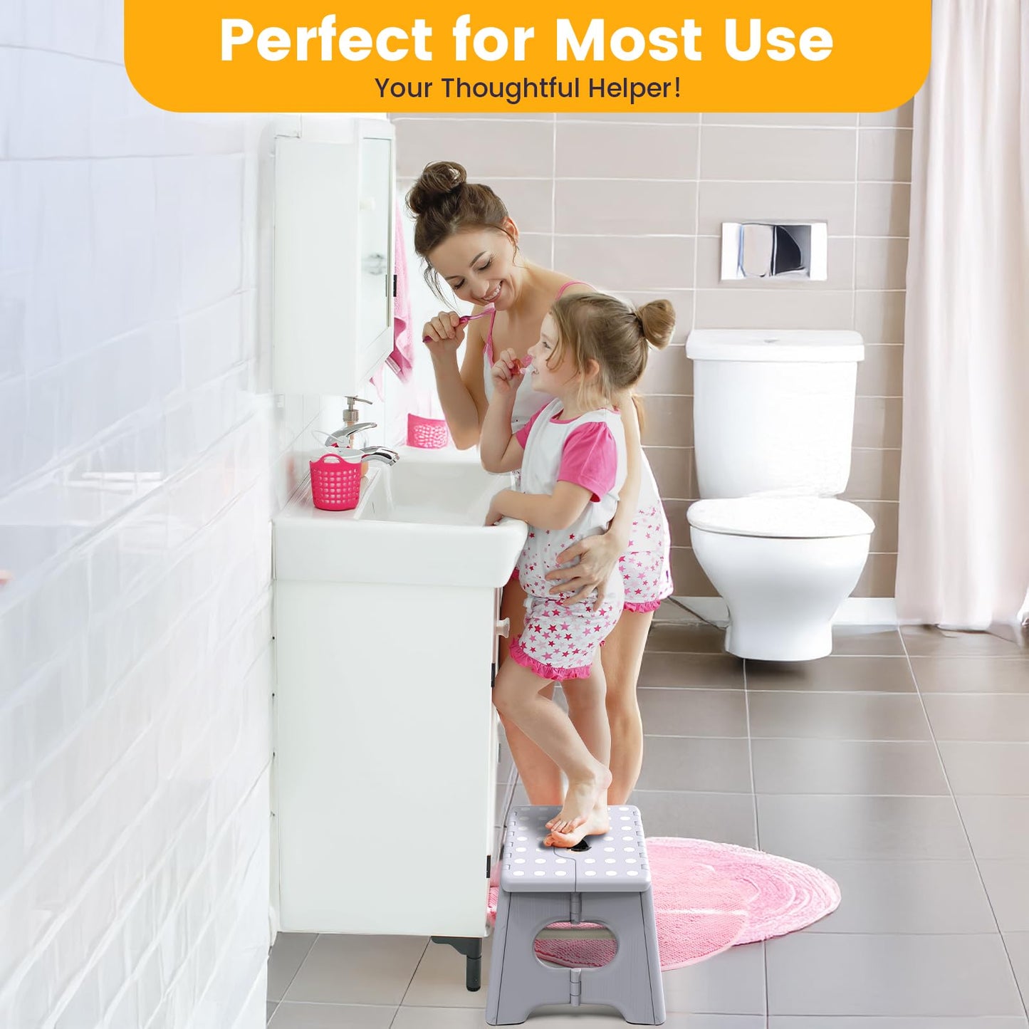 Folding Step Stool 9 Inch - Holds 600 lb, Non-Slip Surface & Carry Handle - Sturdy Step Stool for Kids, Toddlers & Adults - Compact Foldable Foot Stool for Kitchen, Bathroom, Bedroom(White)